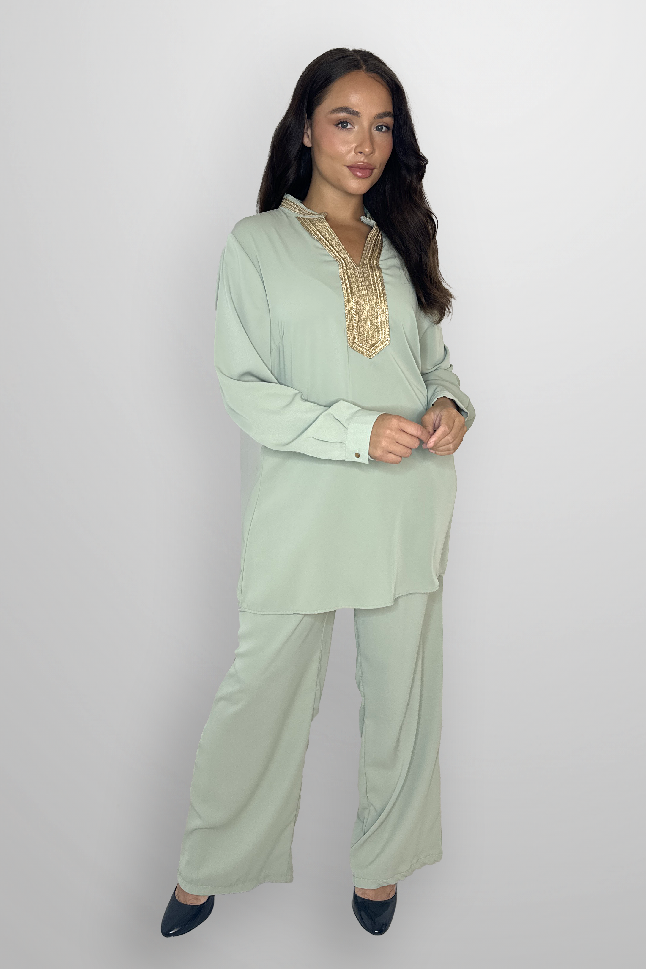 Mock Neck Embroidered V-Cut Neckline Classic Tunic And Wide Lg Traditional Coord Set-SinglePrice