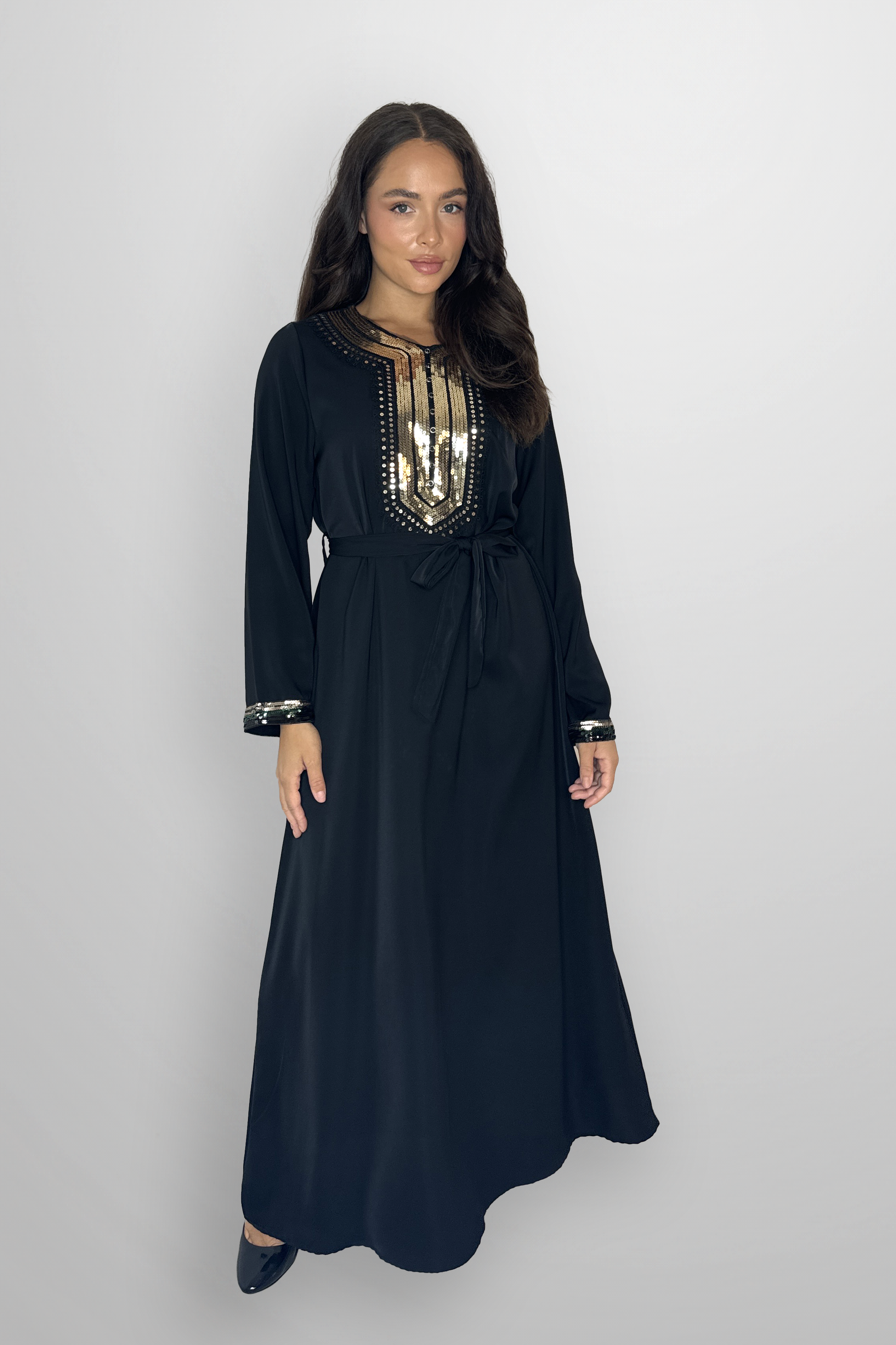 Elegant Embellished DetailTie Up Waist A-Line Modest Maxi Dress-SinglePrice