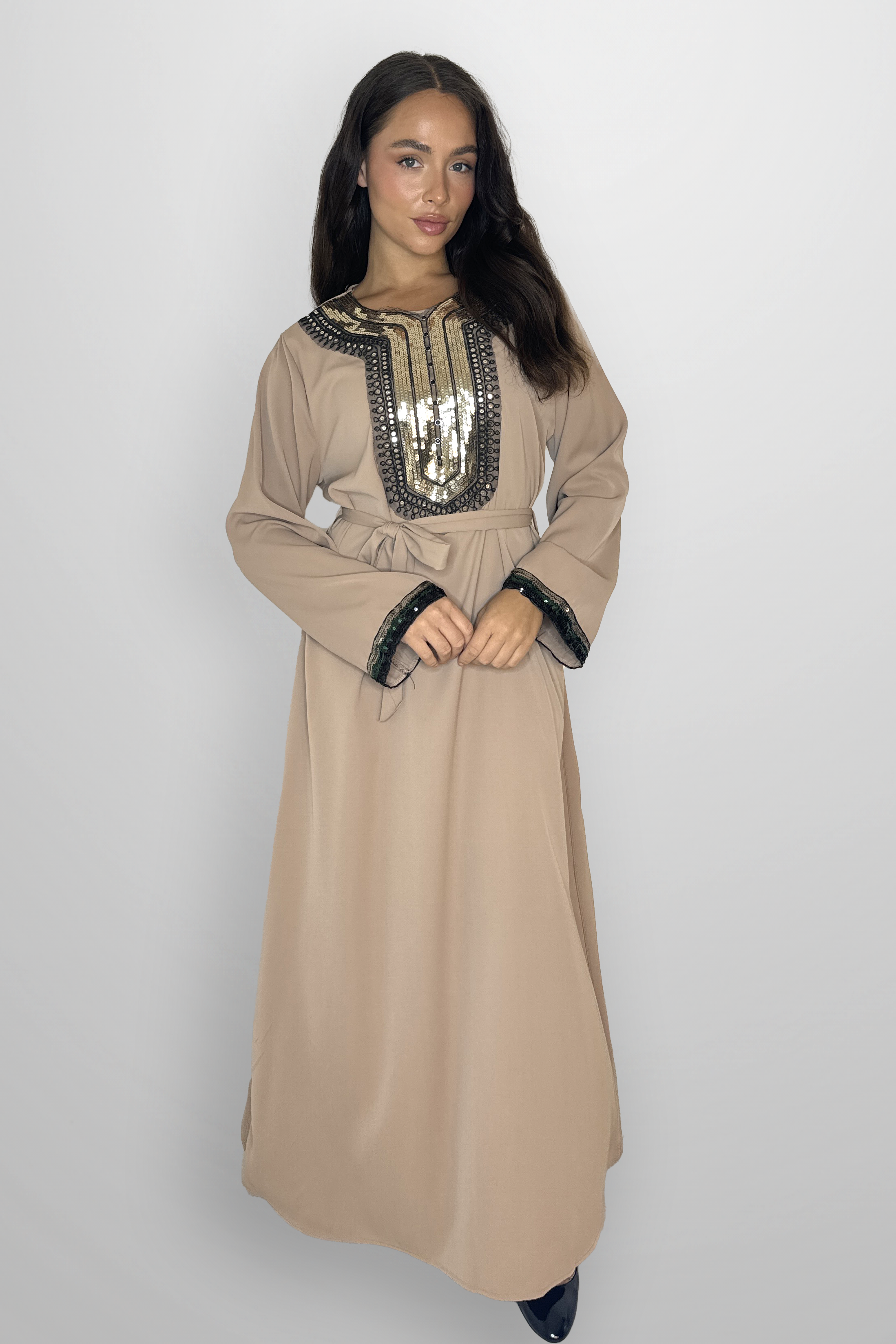 Elegant Embellished DetailTie Up Waist A-Line Modest Maxi Dress-SinglePrice