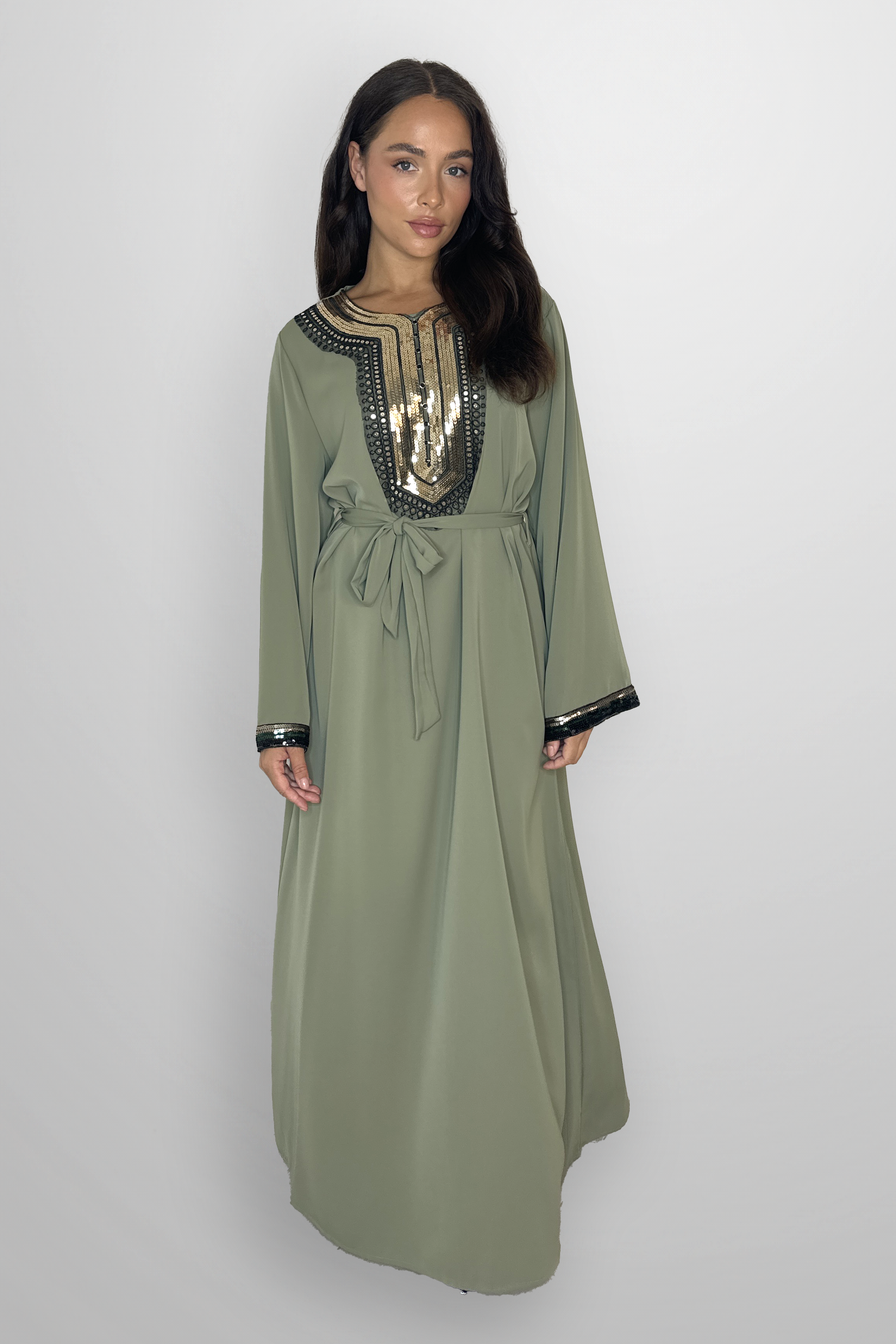 Elegant Embellished DetailTie Up Waist A-Line Modest Maxi Dress-SinglePrice
