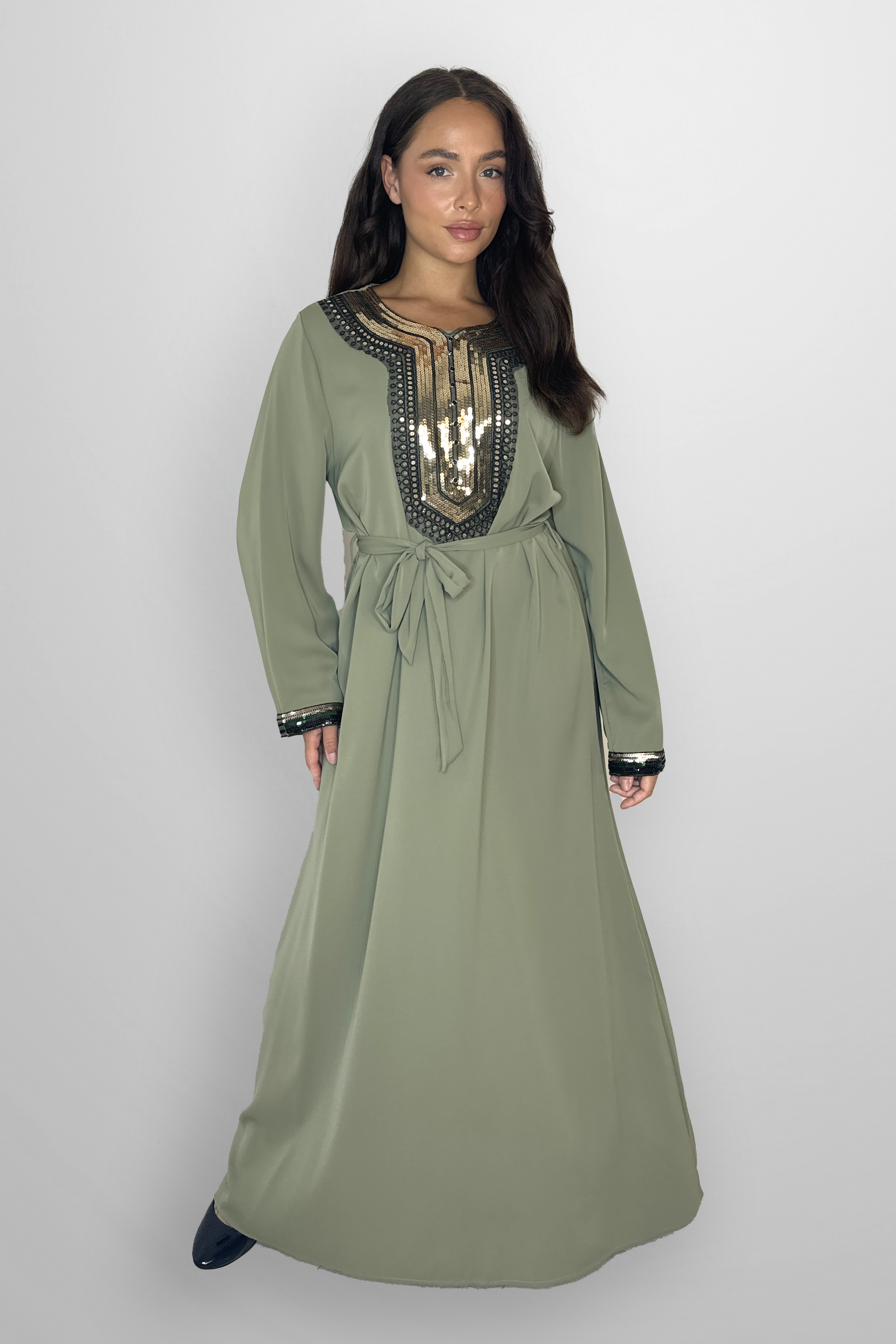 Elegant Embellished DetailTie Up Waist A-Line Modest Maxi Dress-SinglePrice
