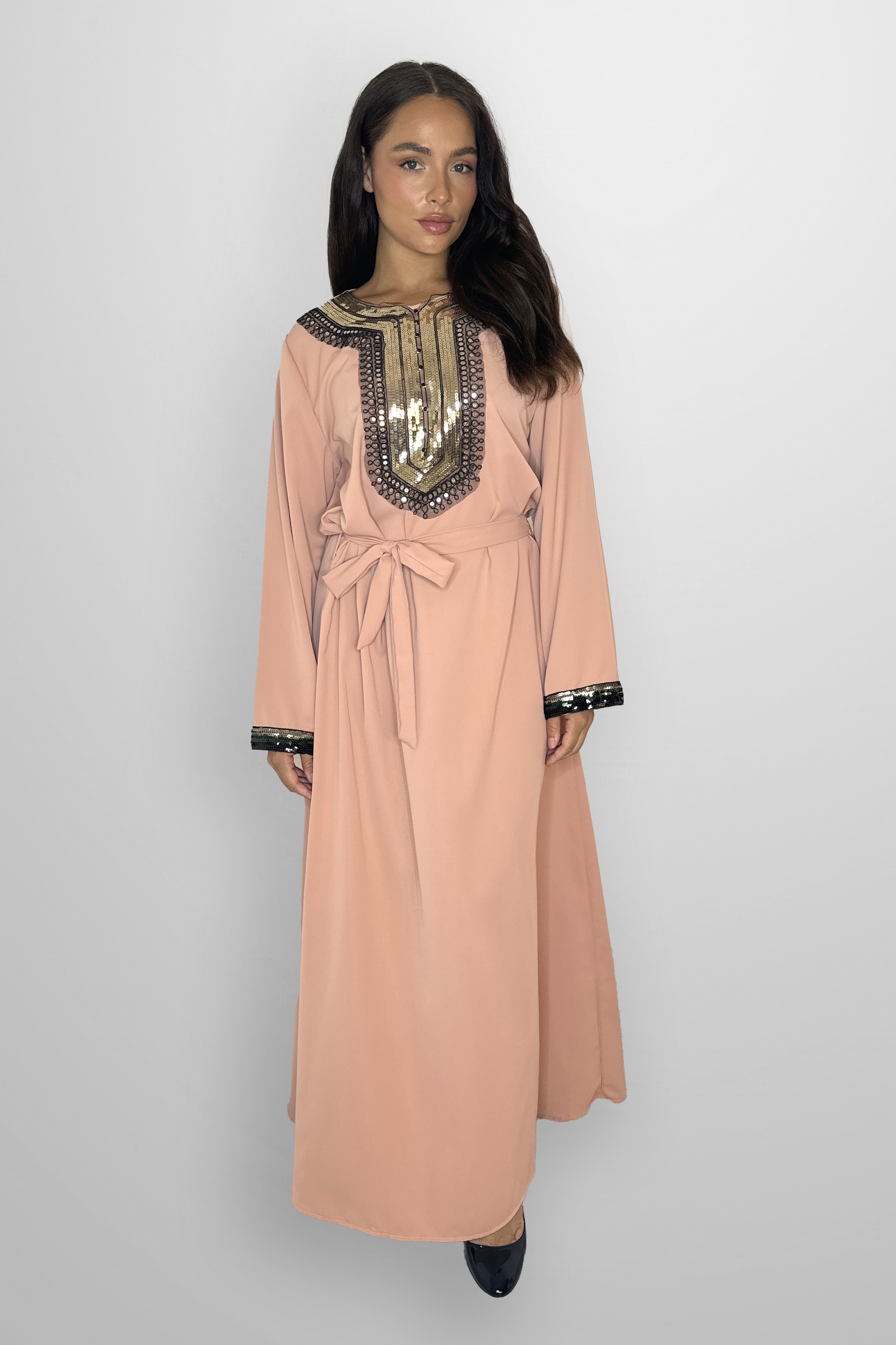 Elegant Embellished DetailTie Up Waist A-Line Modest Maxi Dress-SinglePrice