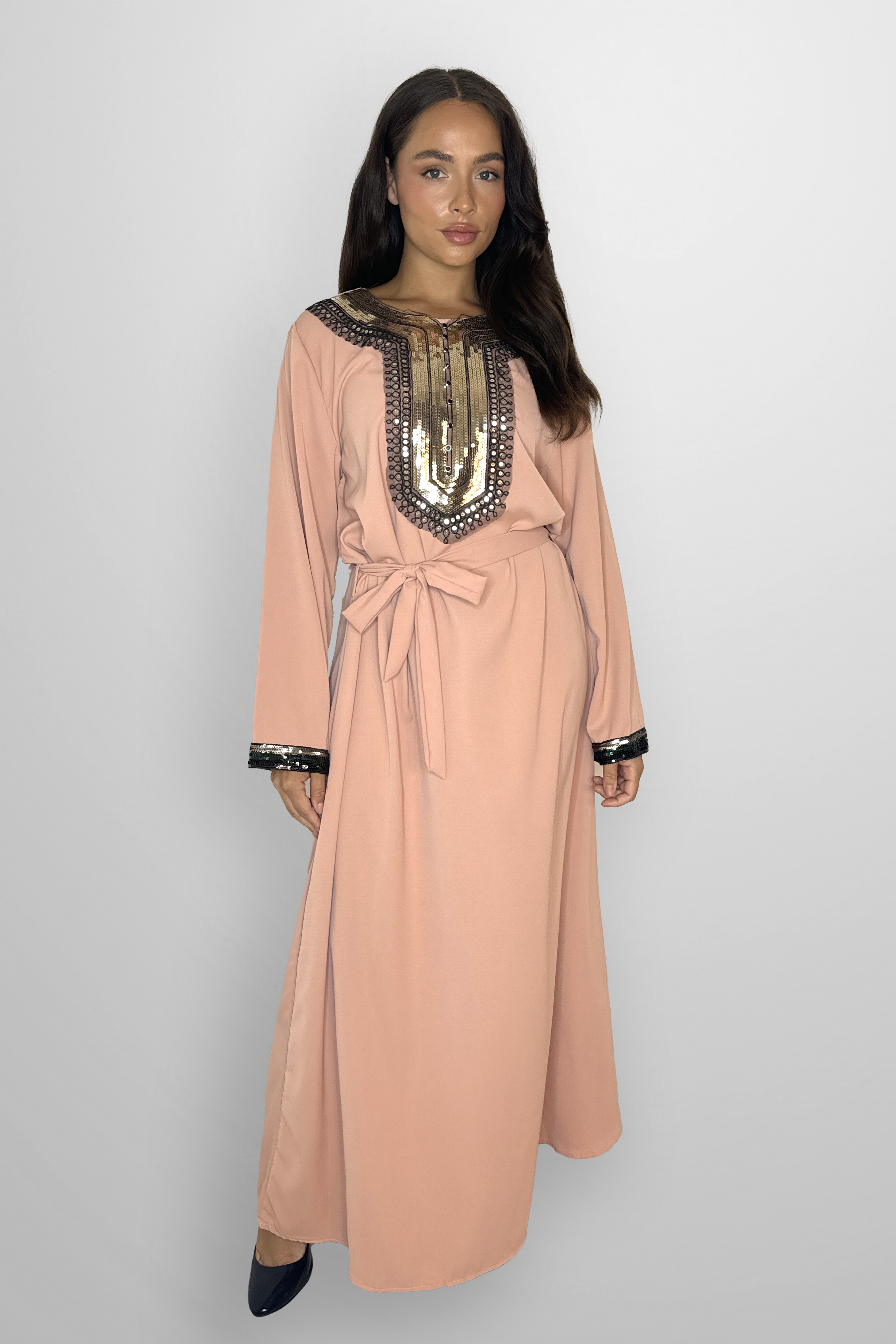 Elegant Embellished DetailTie Up Waist A-Line Modest Maxi Dress-SinglePrice