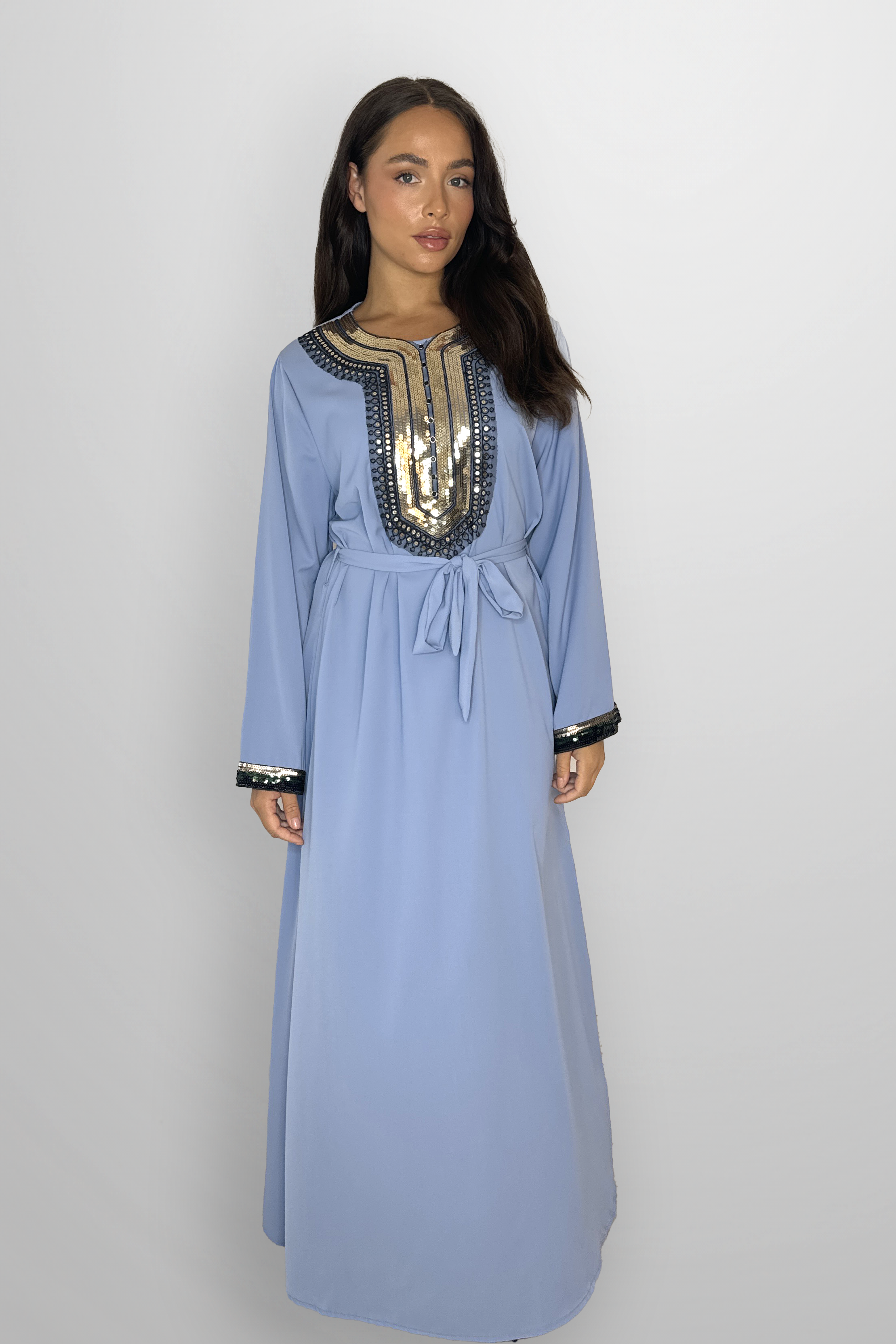 Elegant Embellished DetailTie Up Waist A-Line Modest Maxi Dress-SinglePrice