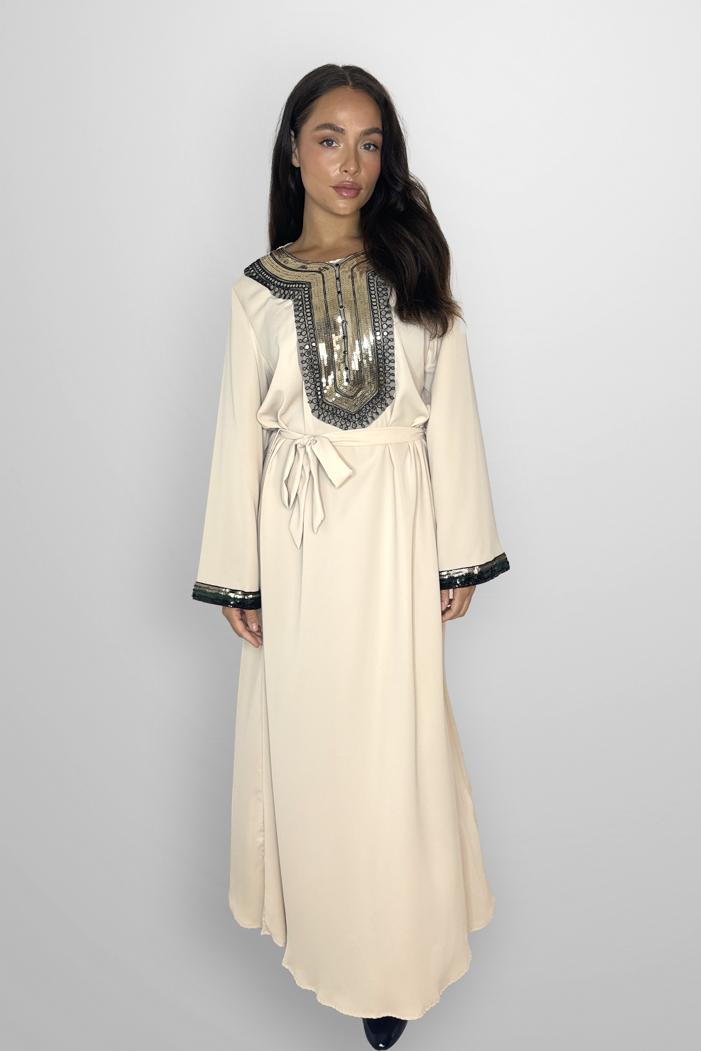 Elegant Embellished DetailTie Up Waist A-Line Modest Maxi Dress-SinglePrice