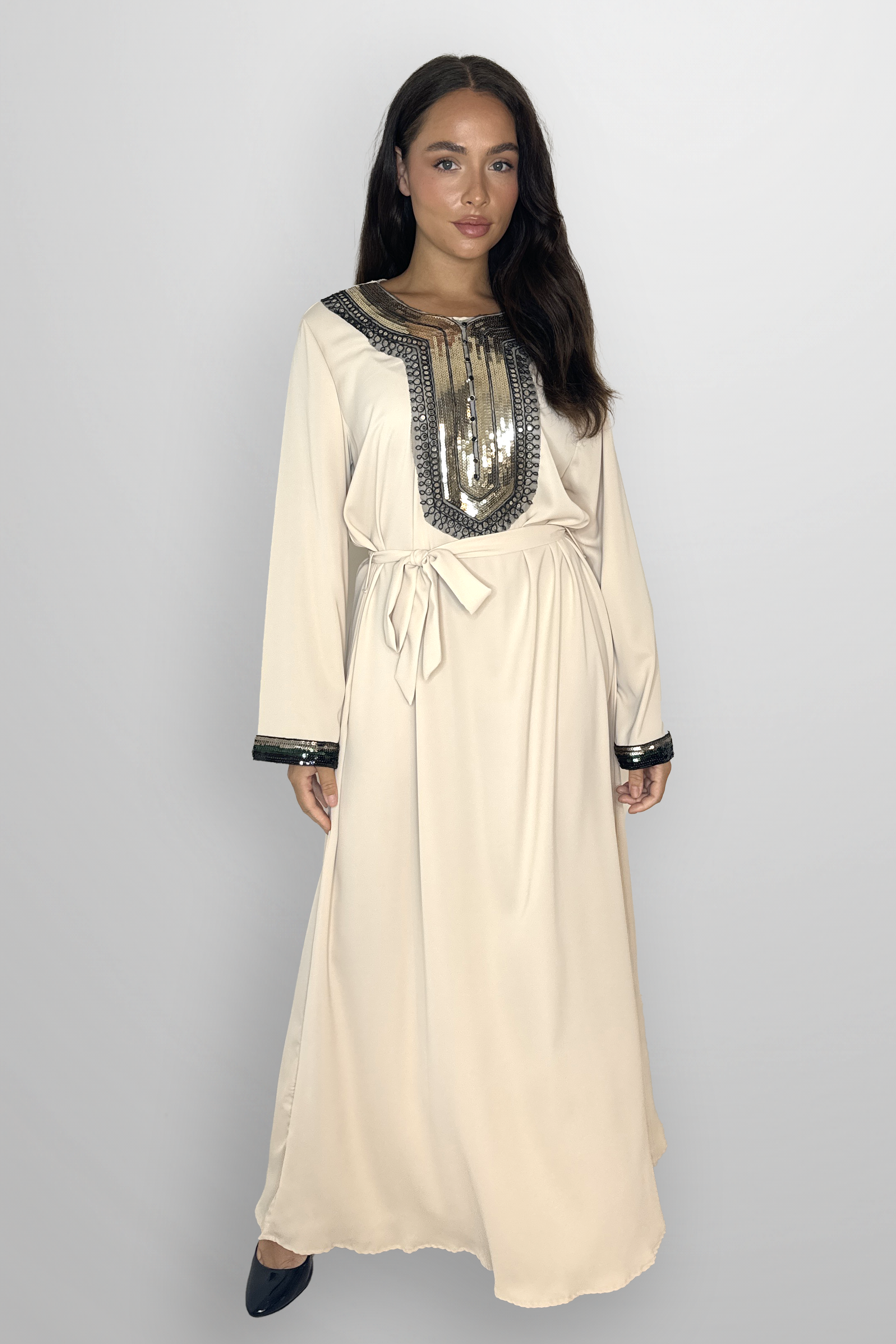 Elegant Embellished DetailTie Up Waist A-Line Modest Maxi Dress-SinglePrice