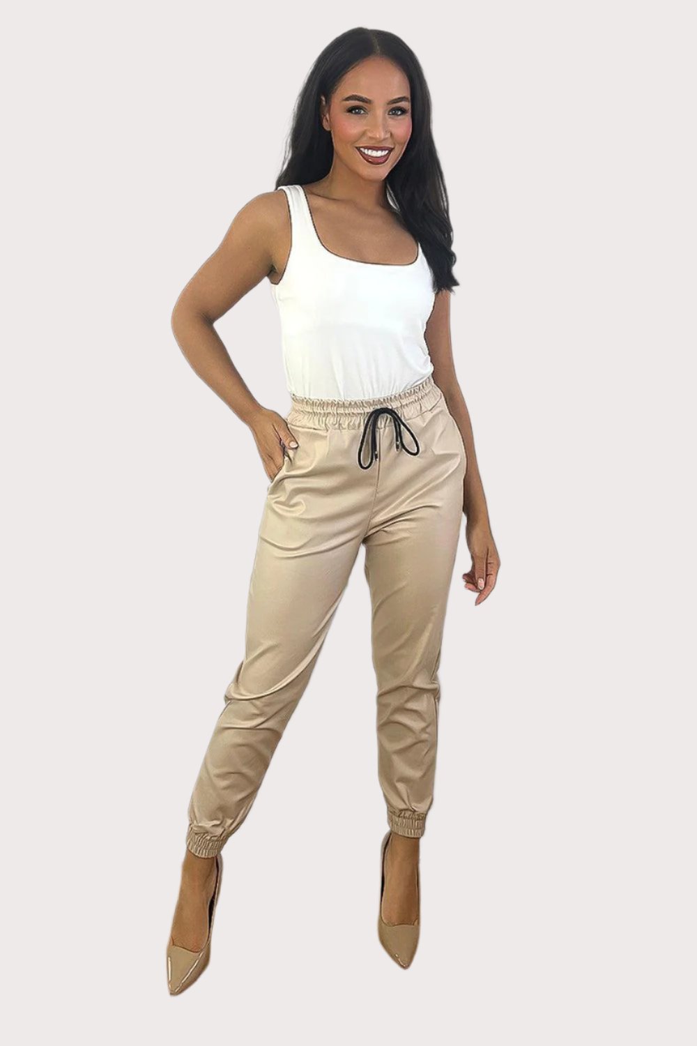 Elastic Waist And Cuffs Vegan Leather Cropped Trousers-SinglePrice