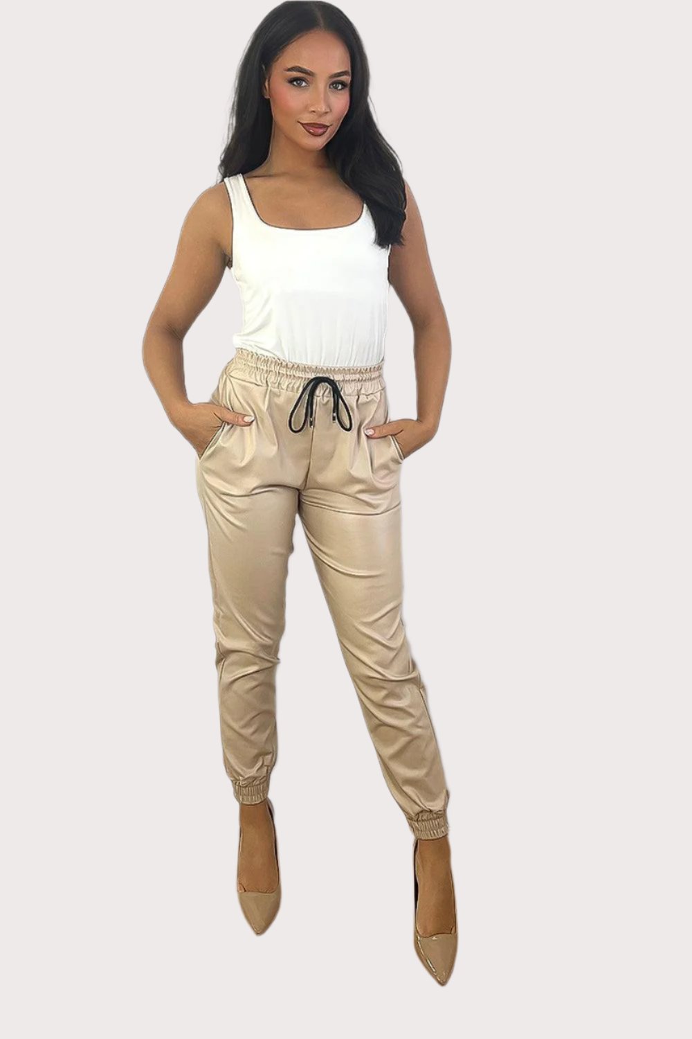 Elastic Waist And Cuffs Vegan Leather Cropped Trousers-SinglePrice