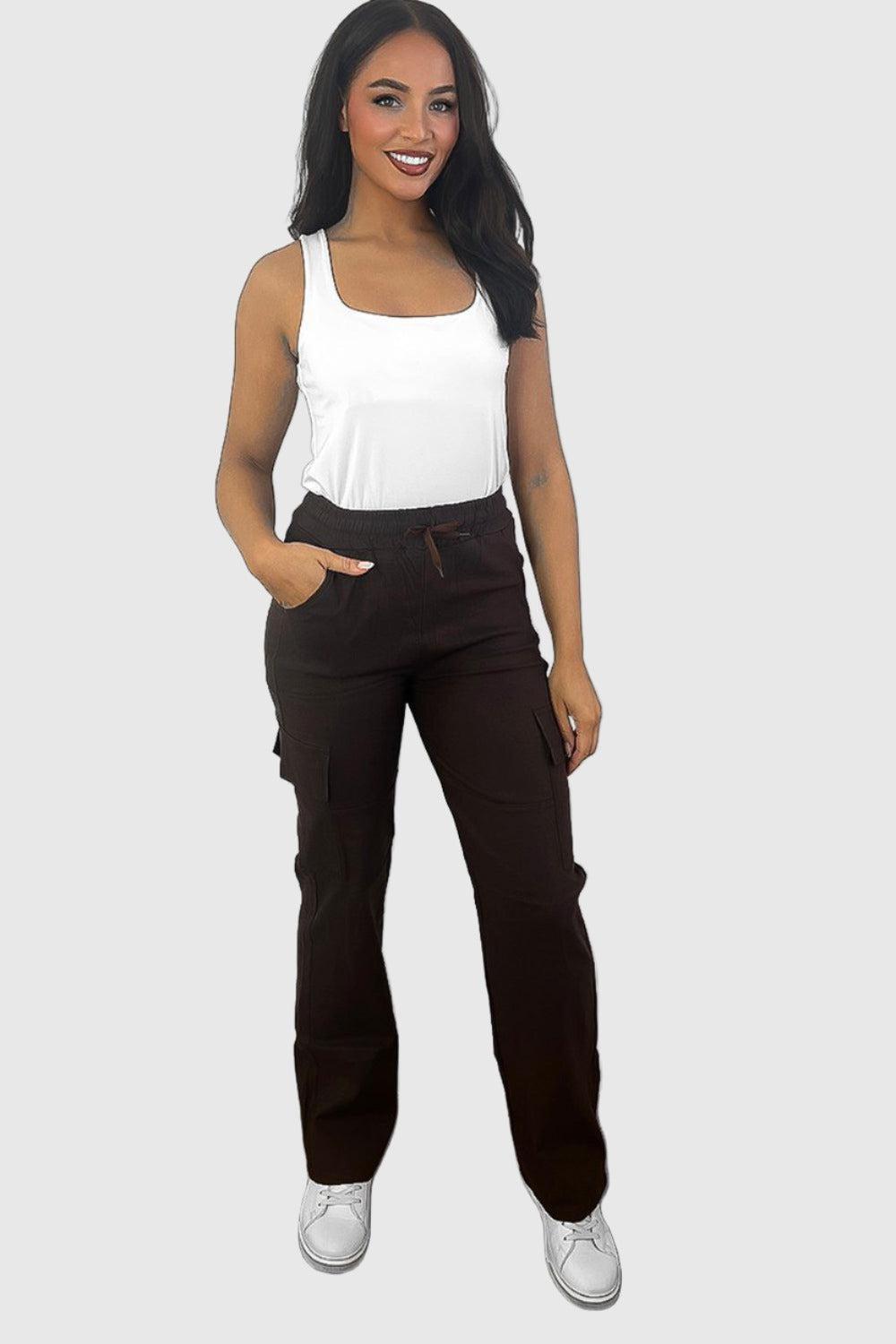 Elastic Waist Utility Pockets Extra Stretchy Cargo Trousers-SinglePrice