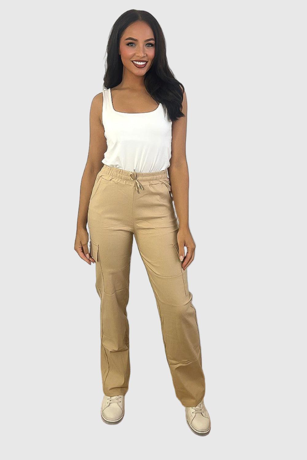 Elastic Waist Utility Pockets Extra Stretchy Cargo Trousers-SinglePrice
