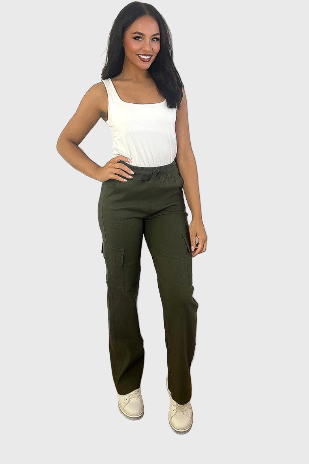 Elastic Waist Utility Pockets Extra Stretchy Cargo Trousers-SinglePrice