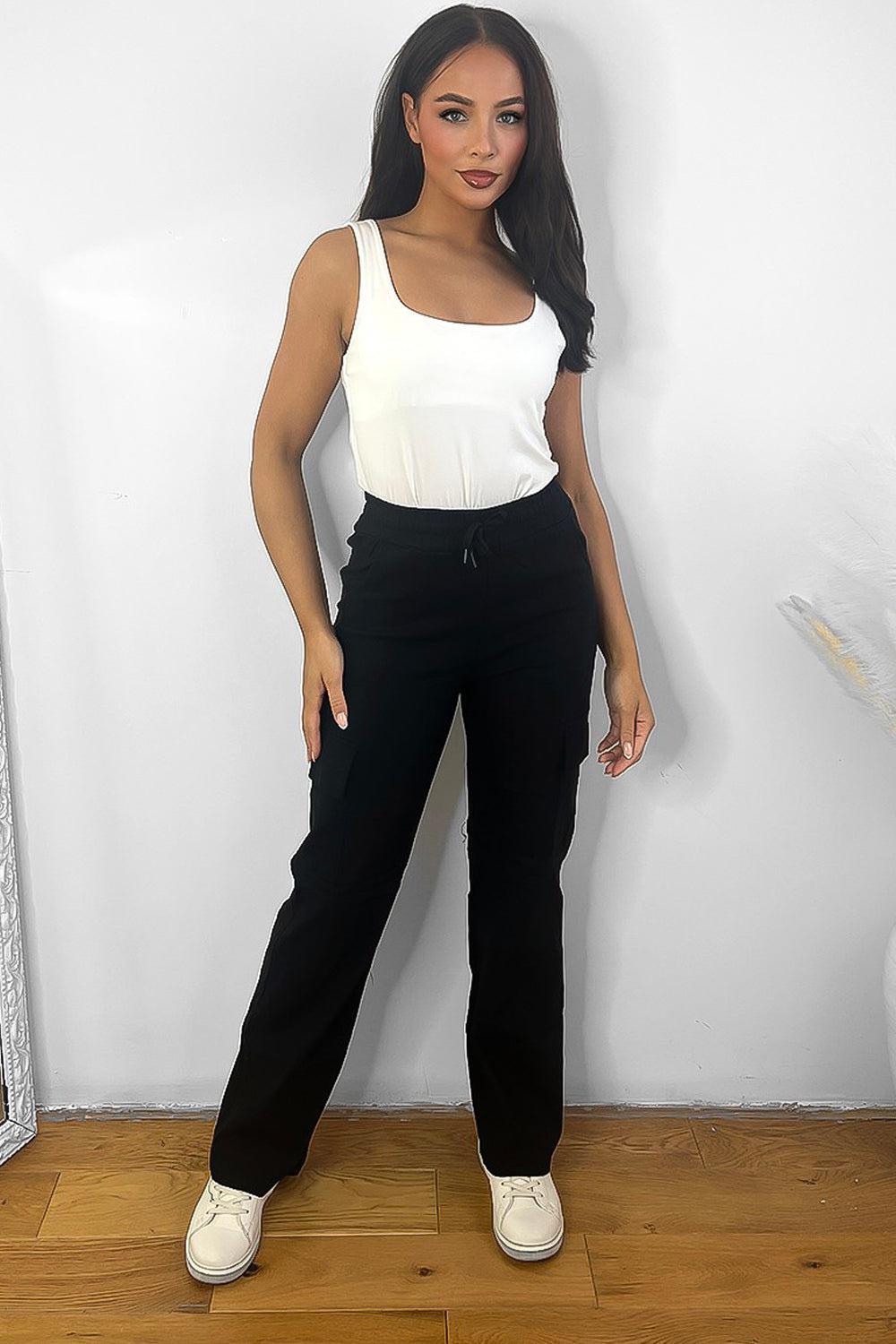 Elastic Waist Utility Pockets Extra Stretchy Cargo Trousers-SinglePrice