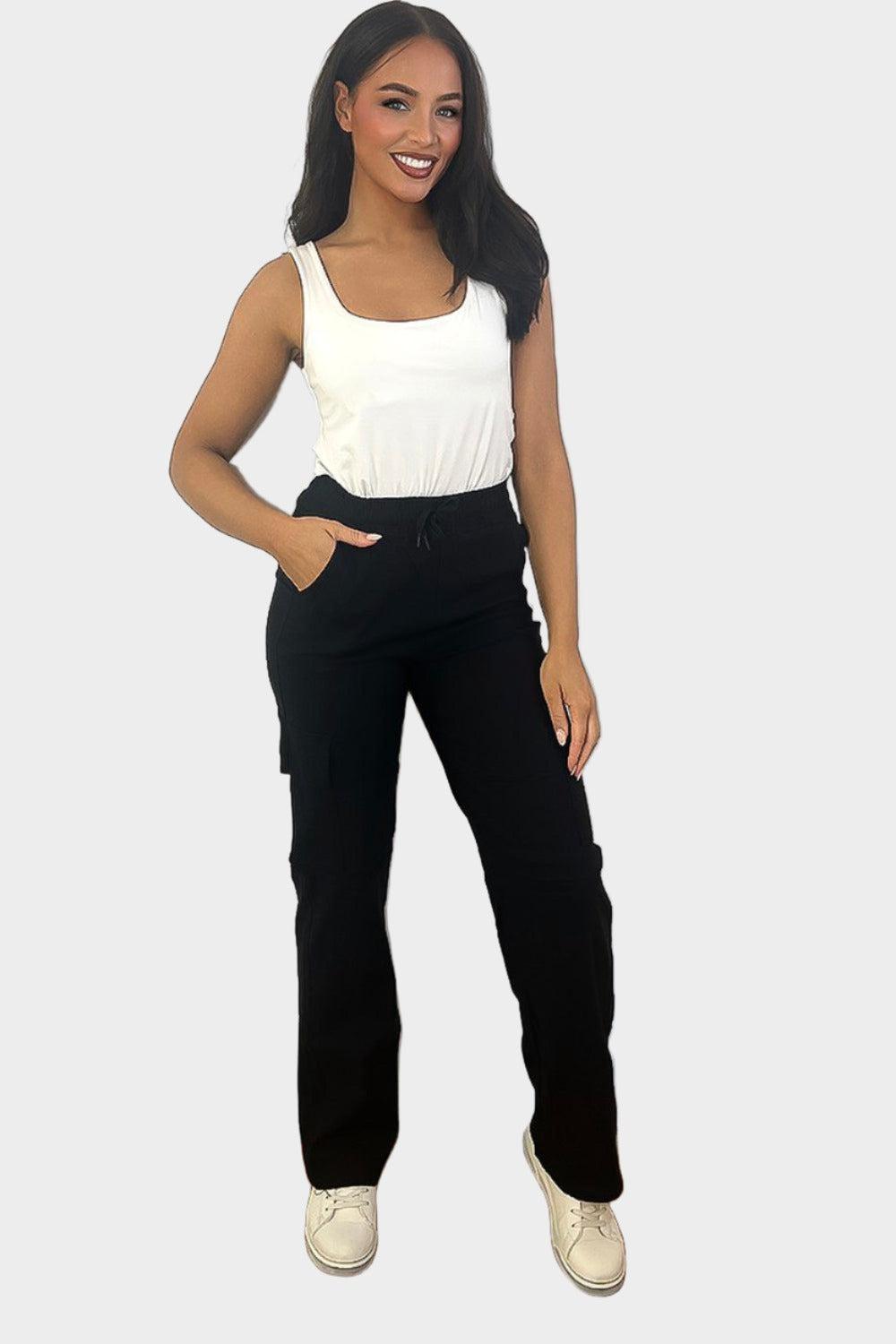 Elastic Waist Utility Pockets Extra Stretchy Cargo Trousers-SinglePrice