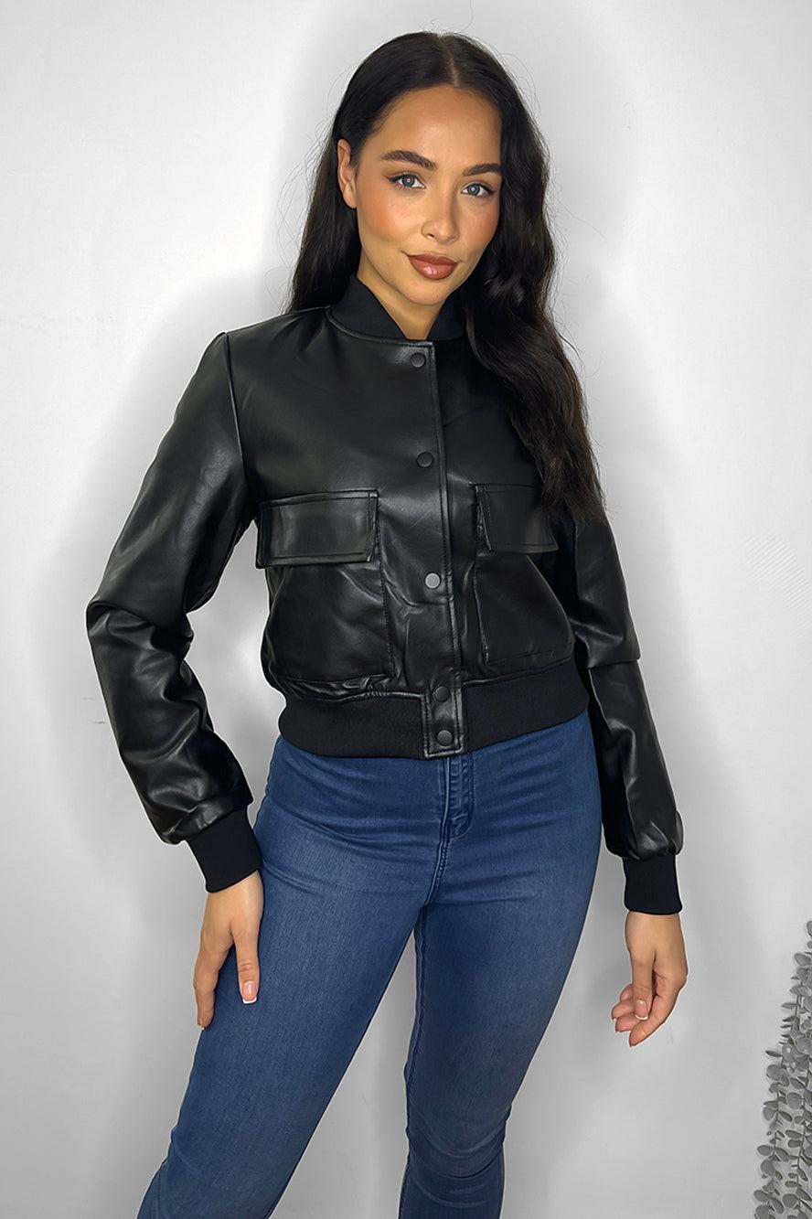 Faux Leather Cropped Bomber Jacket-SinglePrice