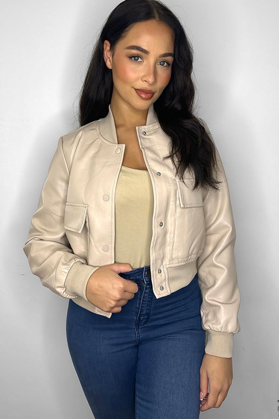 Faux Leather Cropped Bomber Jacket-SinglePrice