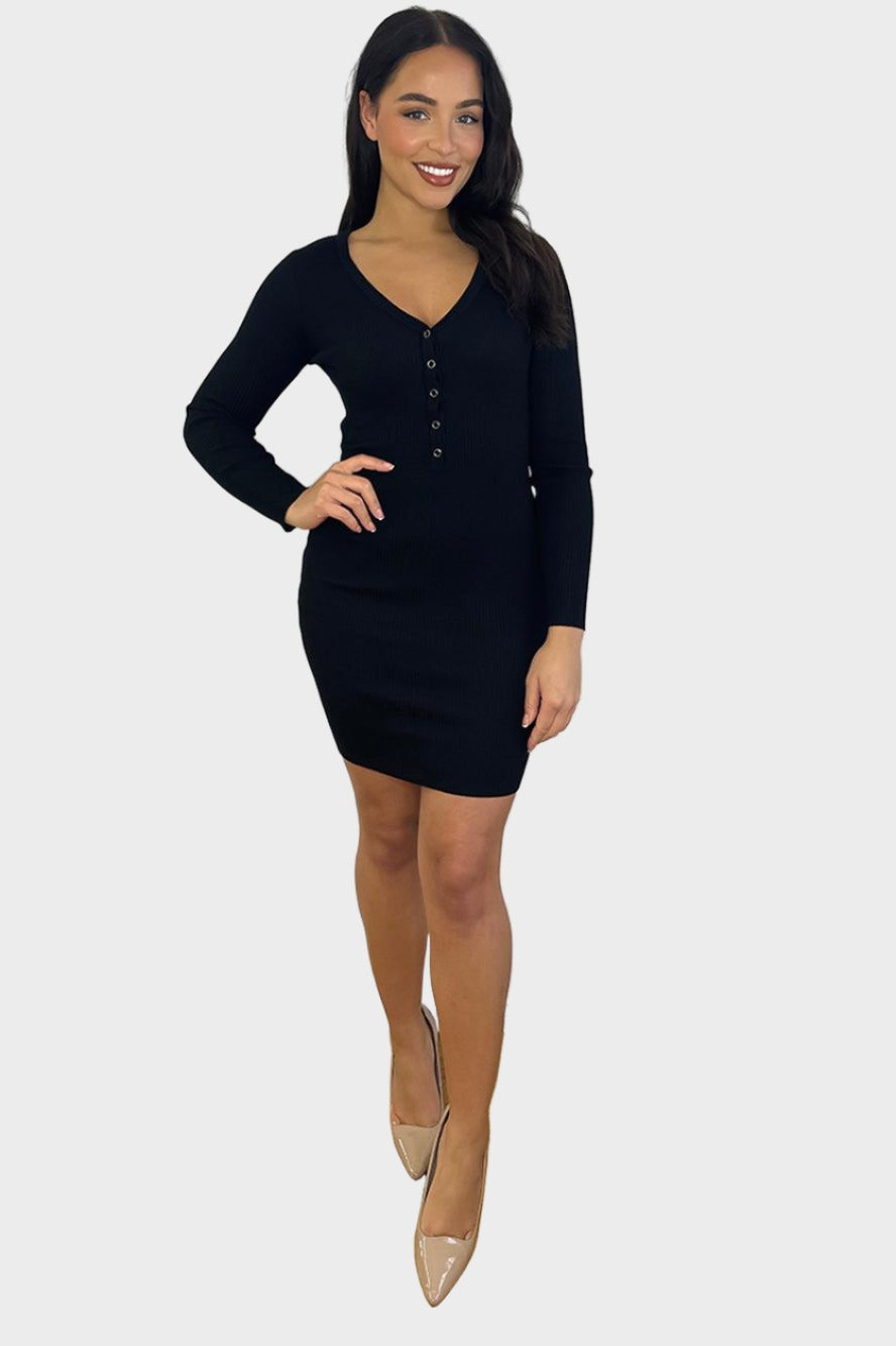 Buttoned Neckline Knitted Mini Dress-SinglePrice