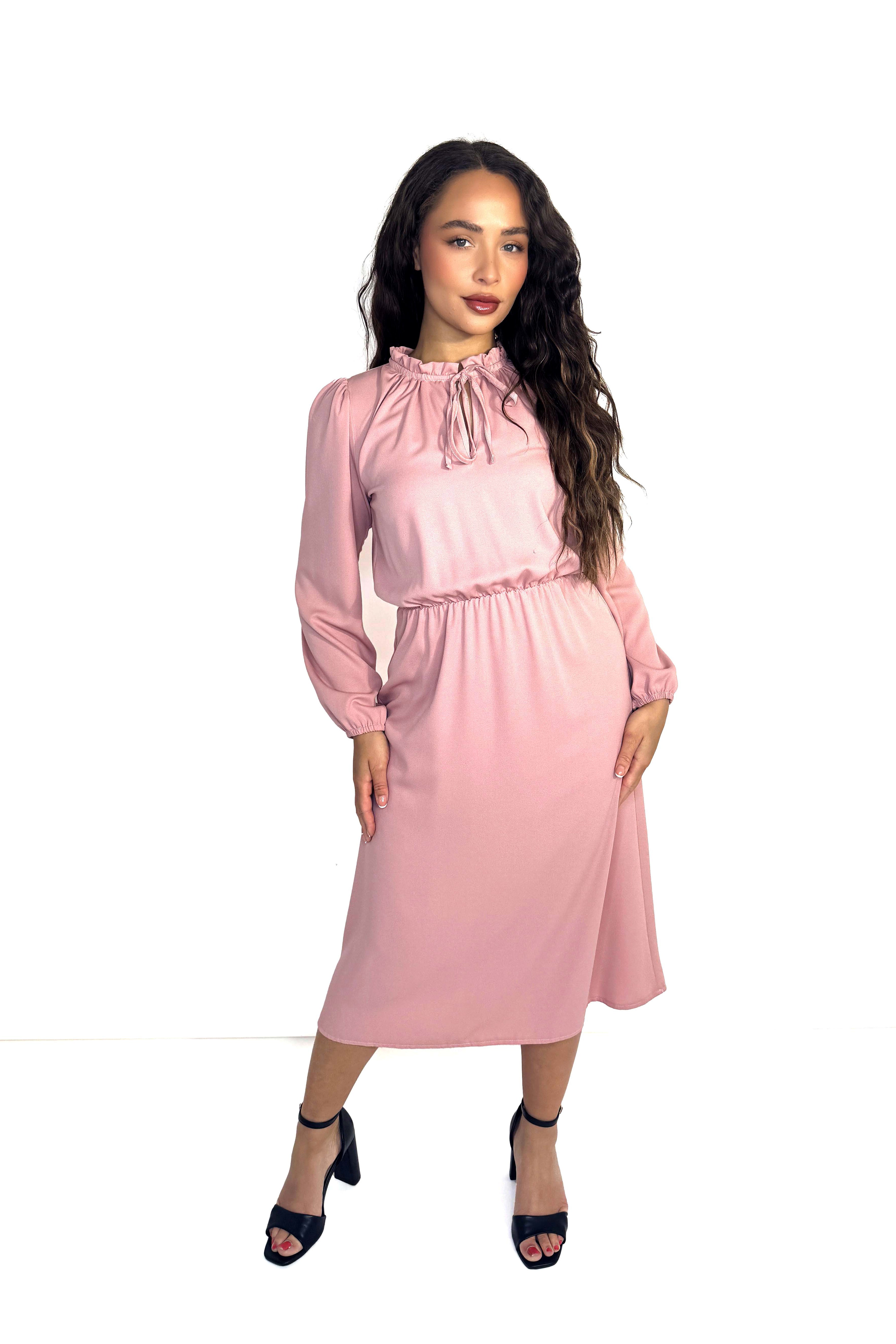 Frill Tie Mock Neck Satin Elegant Long Dress