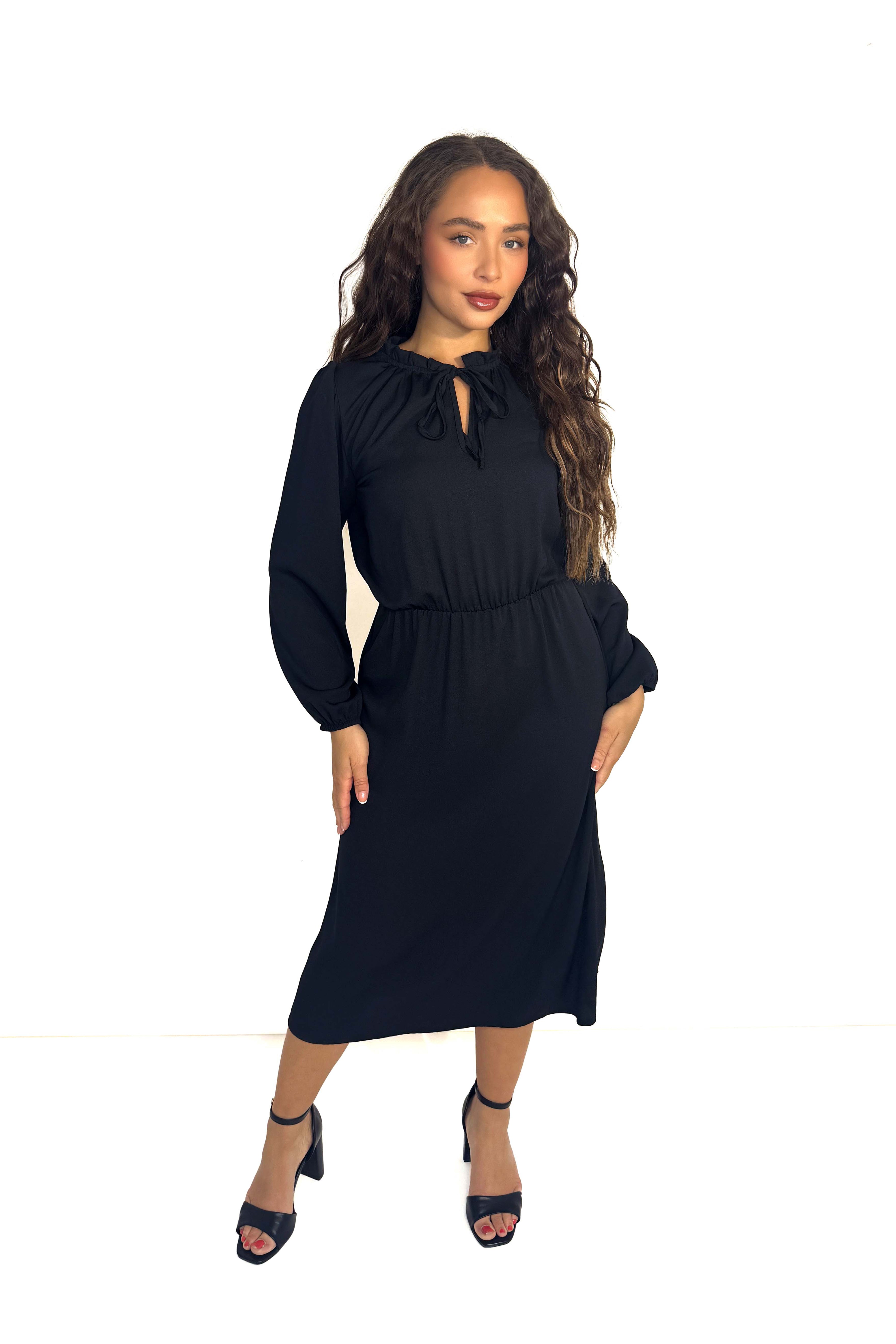 Frill Tie Mock Neck Satin Elegant Long Dress