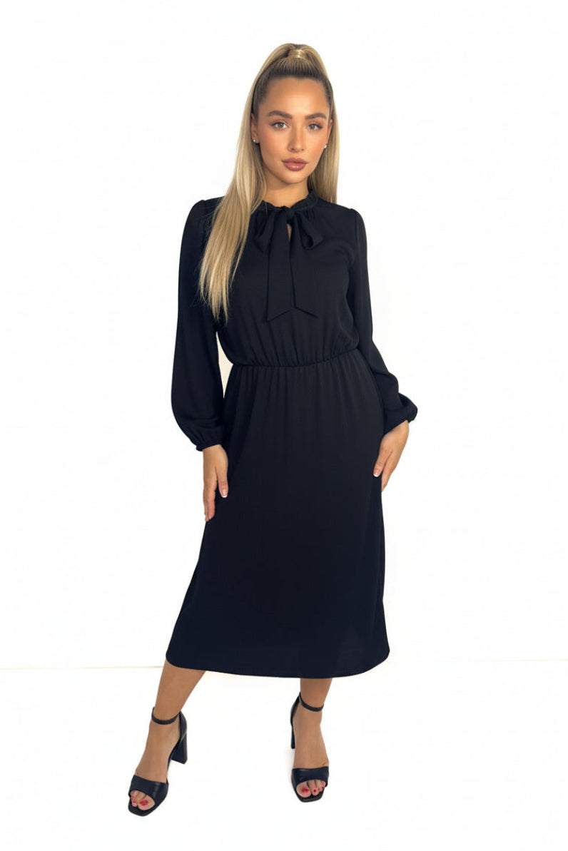 Frill Tie Mock Neck Satin Elegant Long Dress