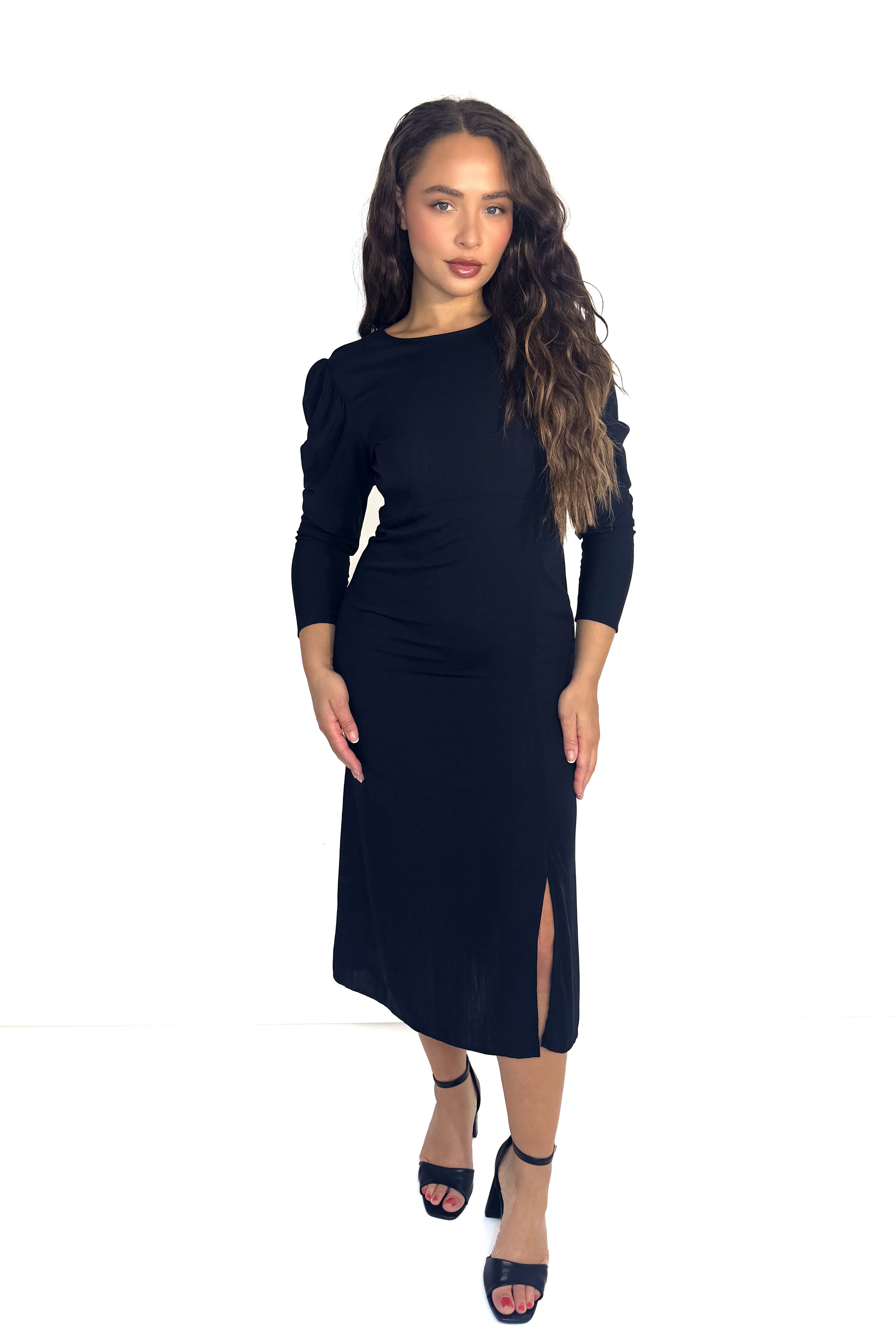 Classic Side Slit Black Viscose Midaxi Dress
