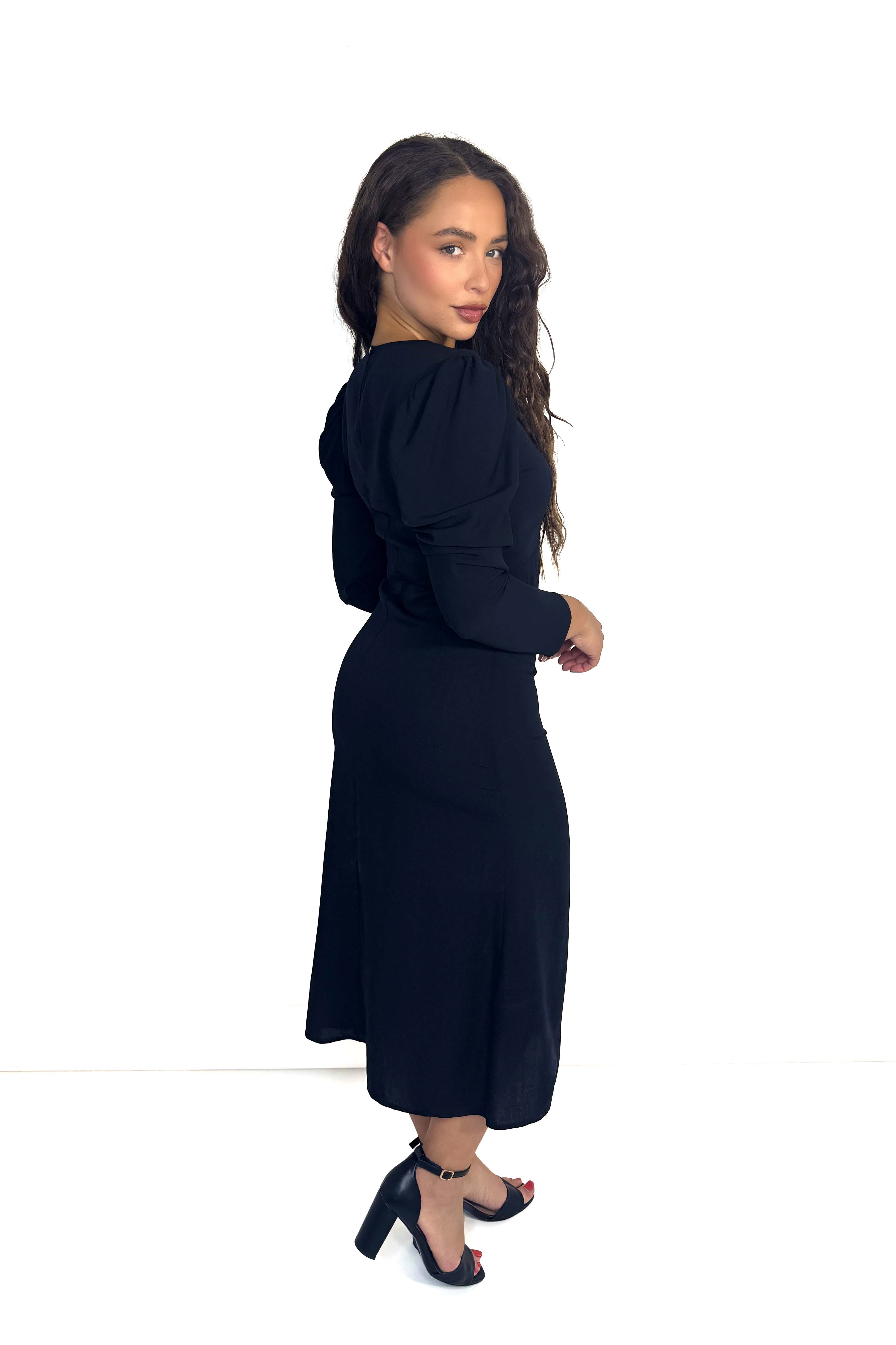 Classic Side Slit Black Viscose Midaxi Dress