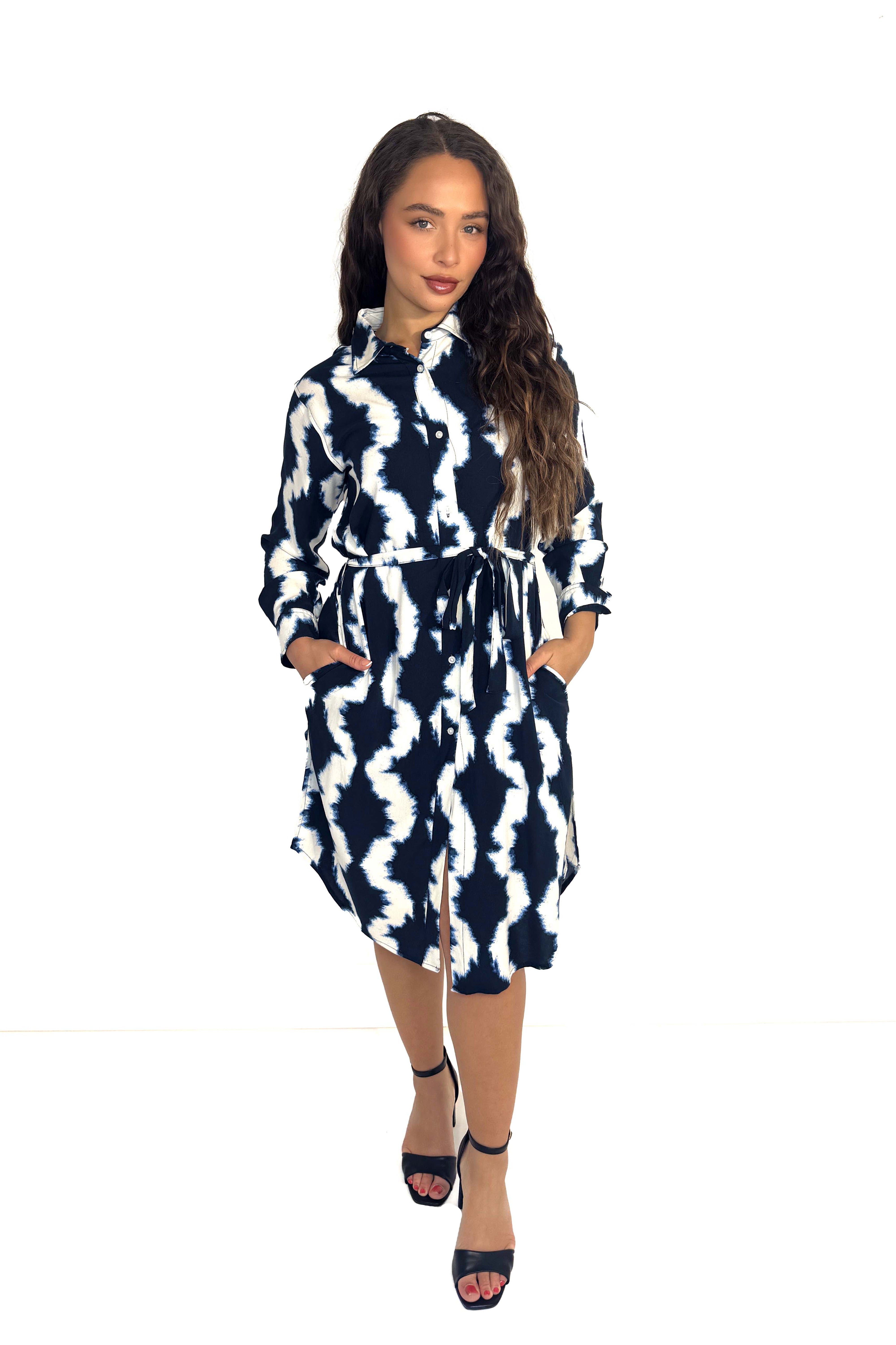 Watercolour Print Tie Up Longline Viscose Shirt Dress
