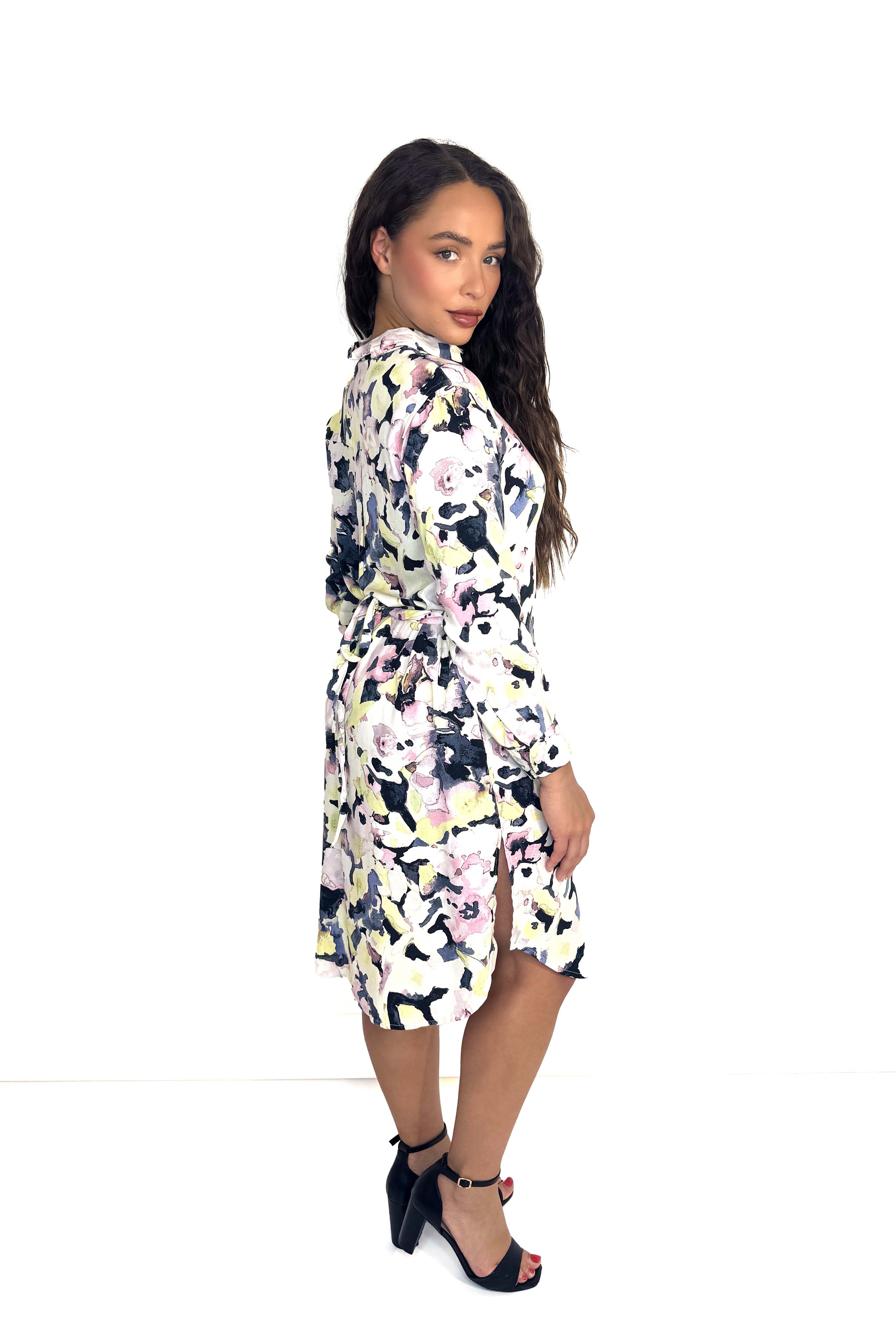 Floral Print Button Down Viscose Shirt Dress