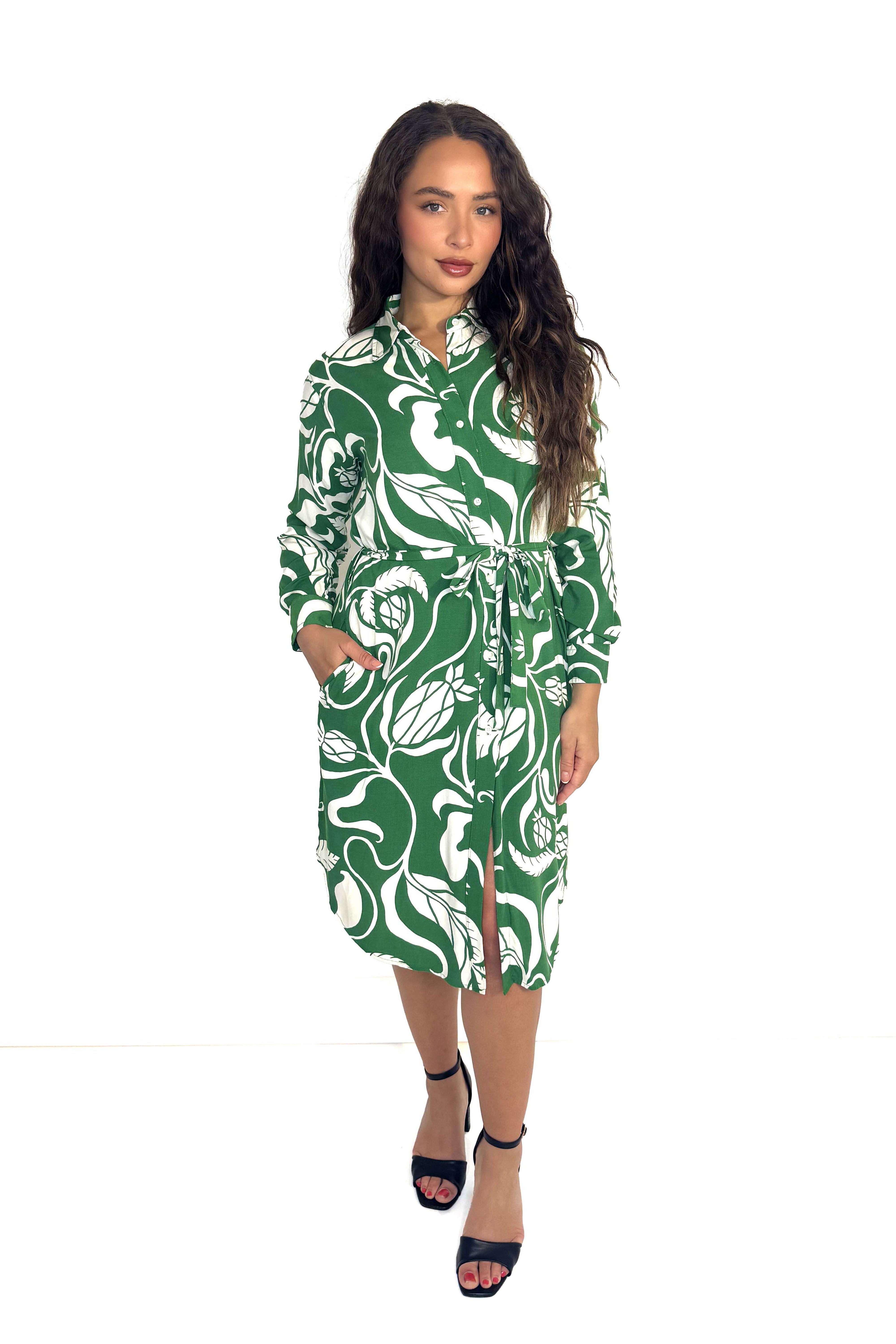 Multi Print Button Down Shirt Dress