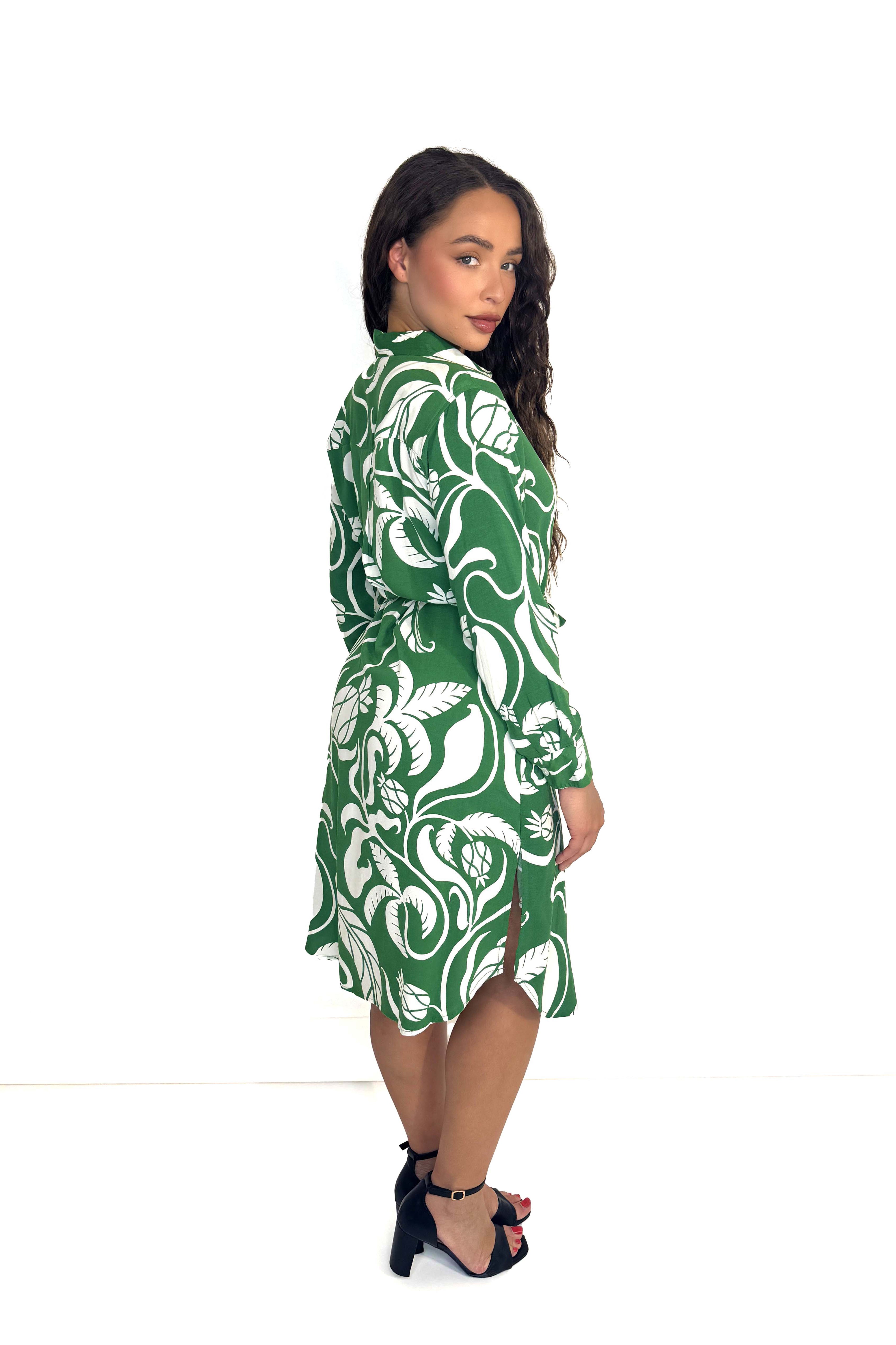 Multi Print Button Down Shirt Dress