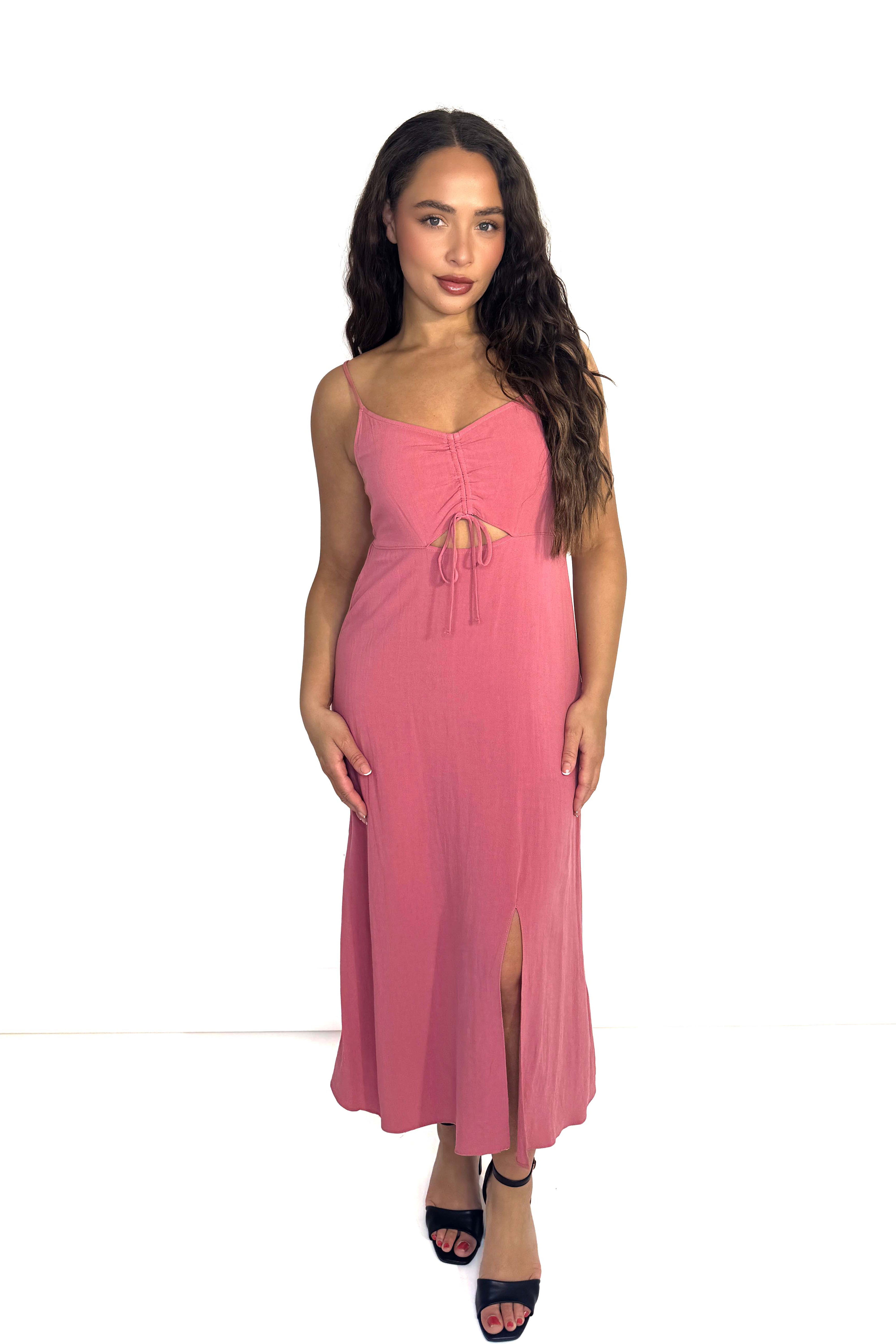 Strappy Drawstring Viscose Slit Maxi Dress