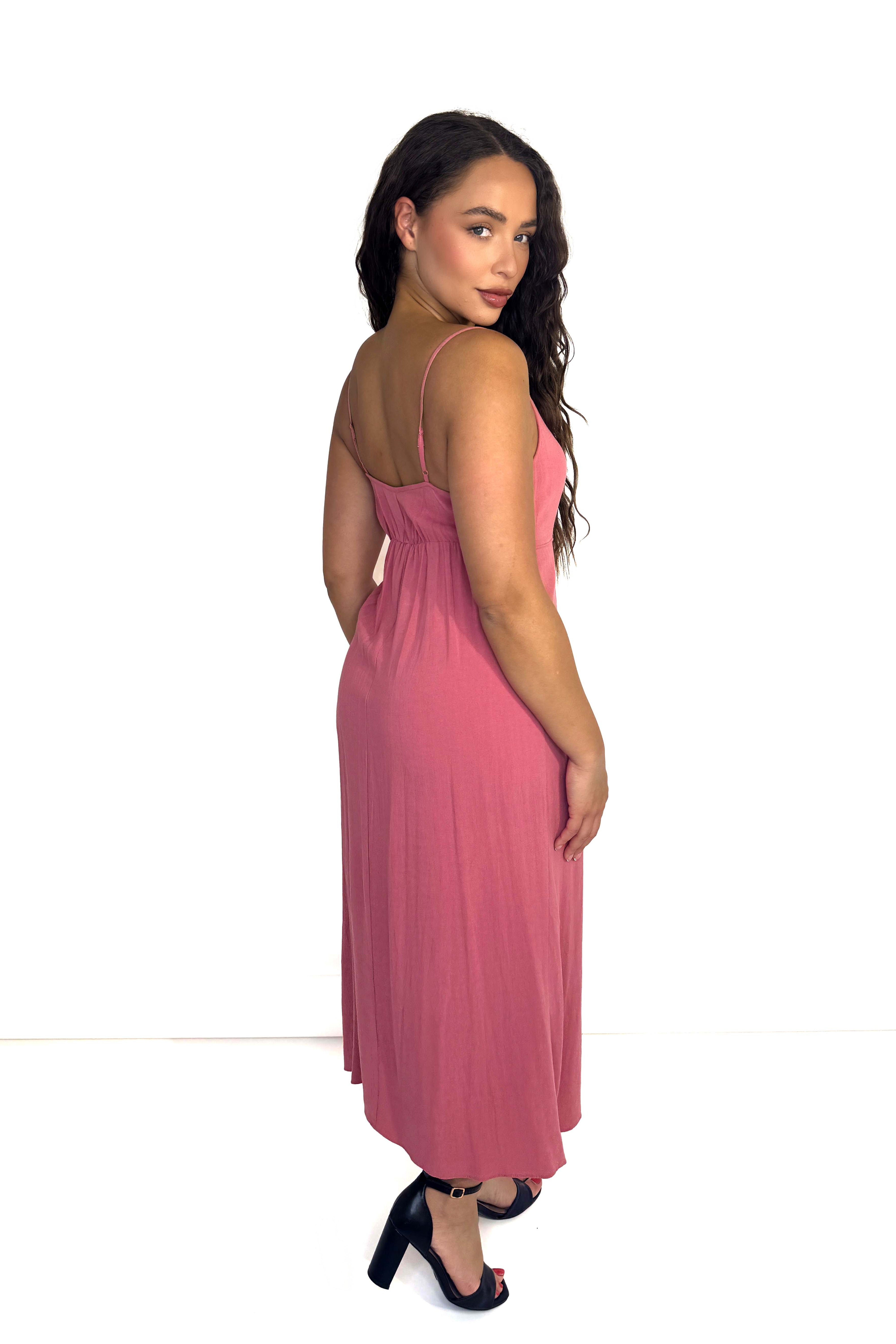 Strappy Drawstring Viscose Slit Maxi Dress