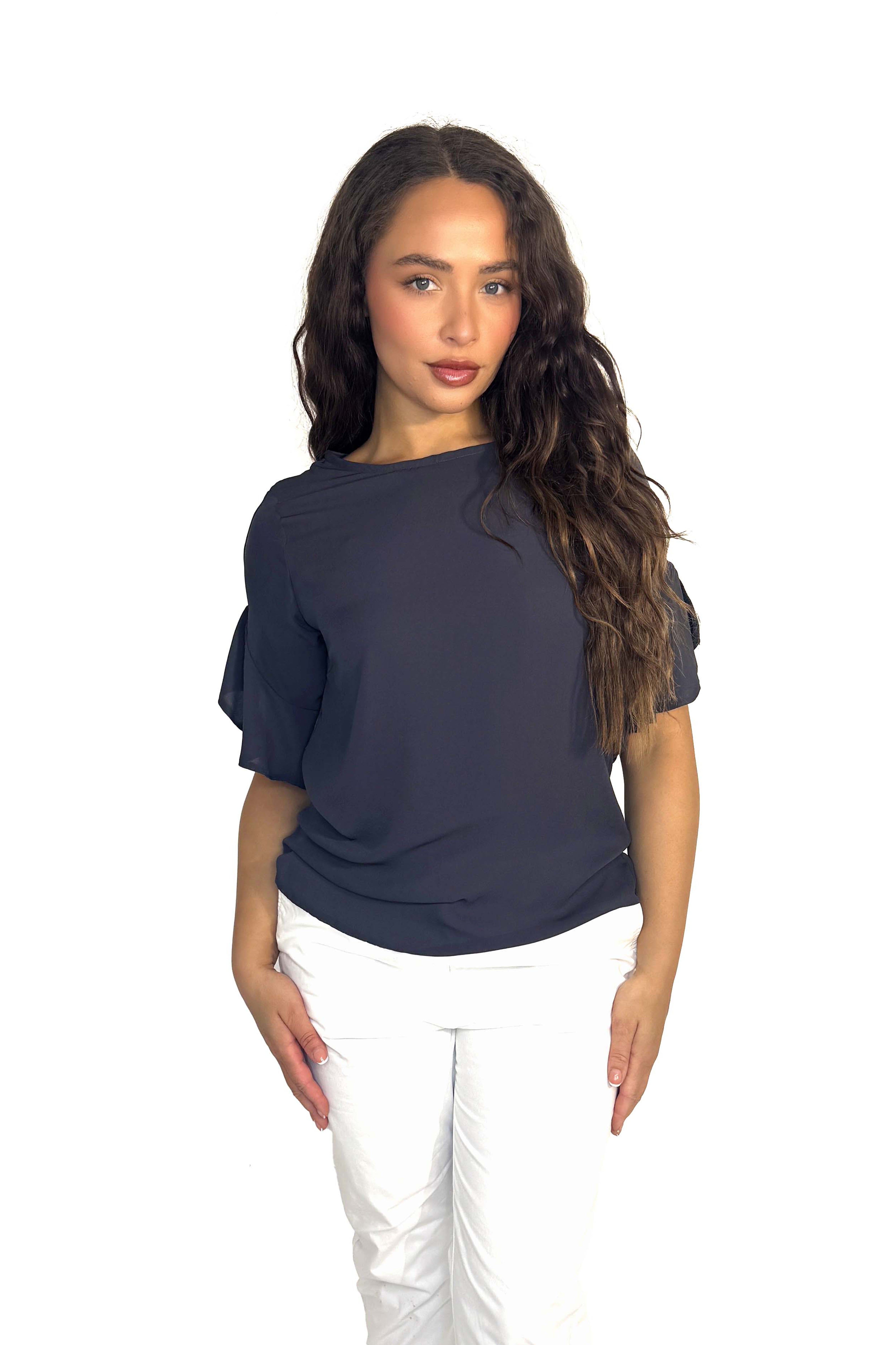 Frill Short Sleeve Satin Blouse