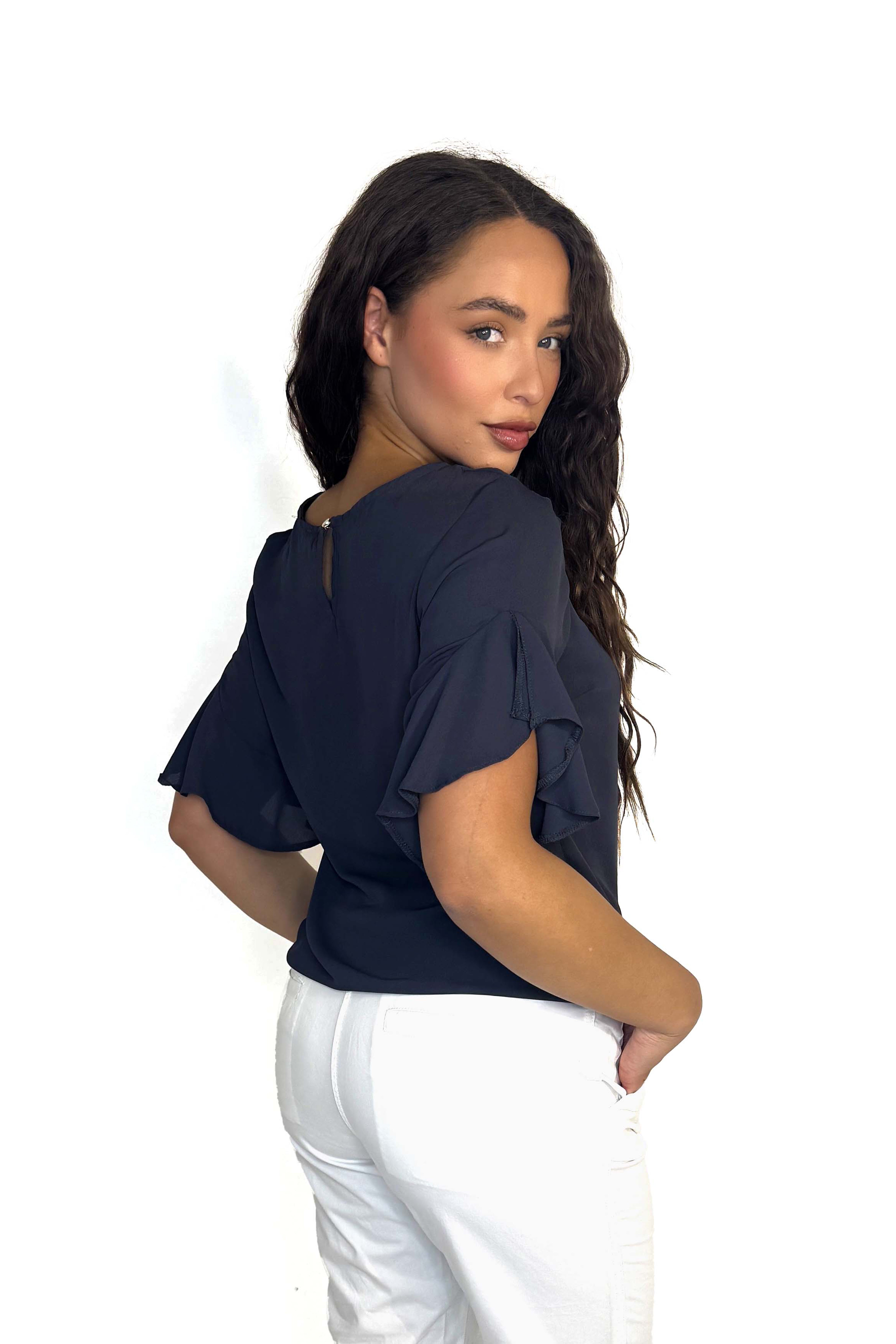 Frill Short Sleeve Satin Blouse