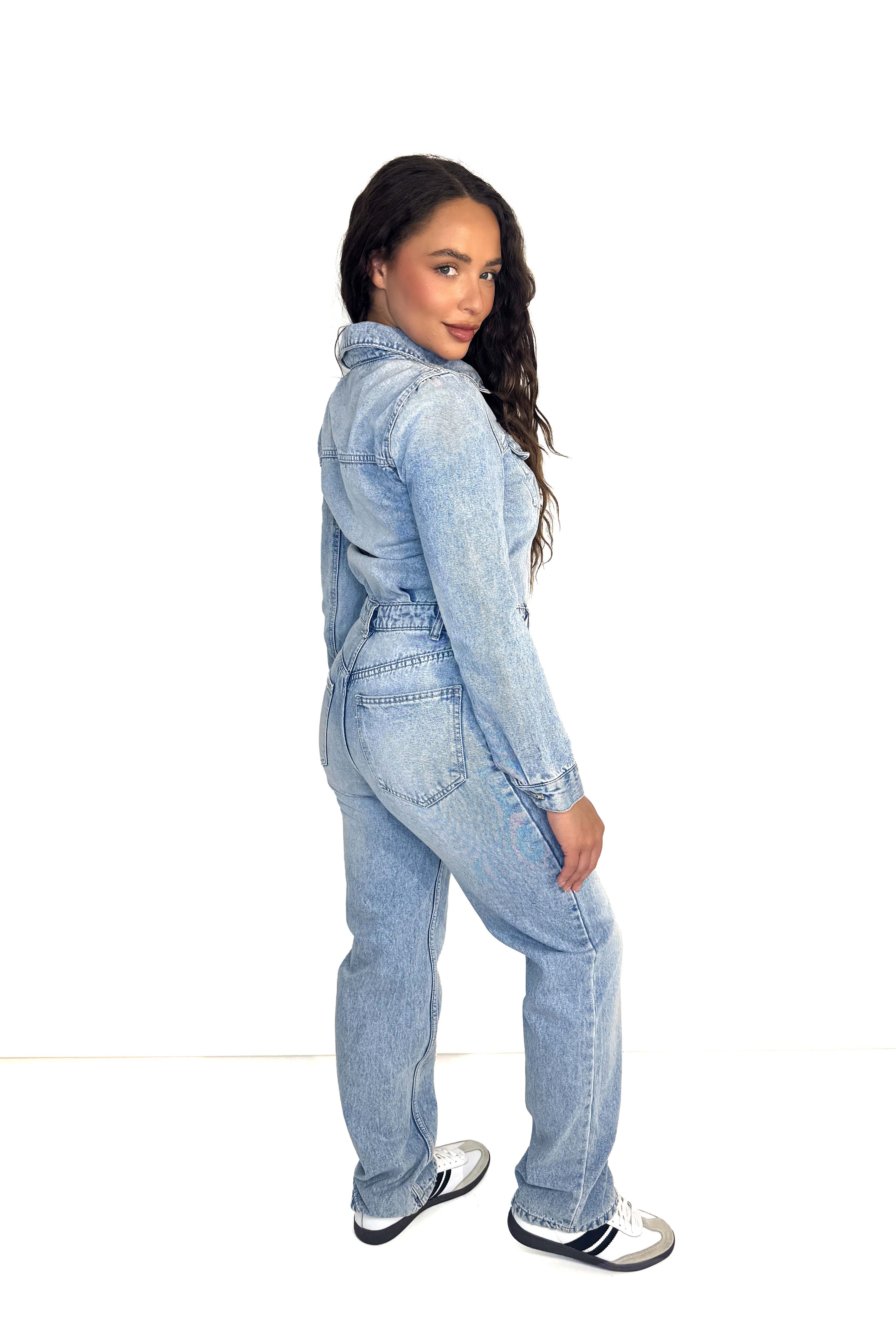 Wholesale Women’s Chinched Waist Faded Denim Jumpsuit (BOX OF 12)
