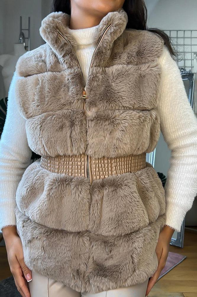 Shirred Waist Faux Fur High Neck Waistcoat-SinglePrice