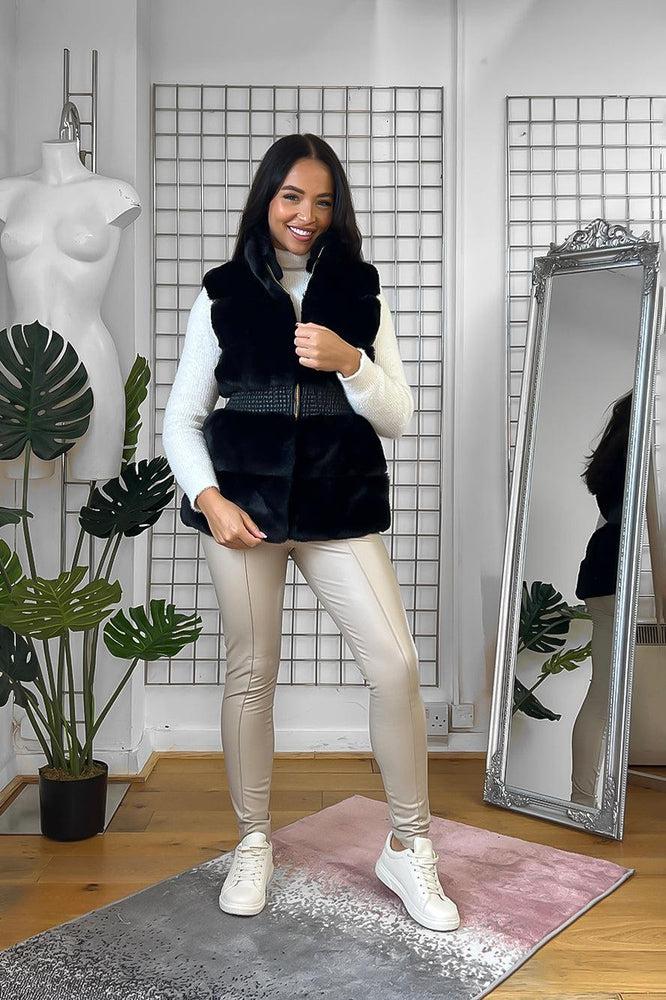 Shirred Waist Faux Fur High Neck Waistcoat-SinglePrice