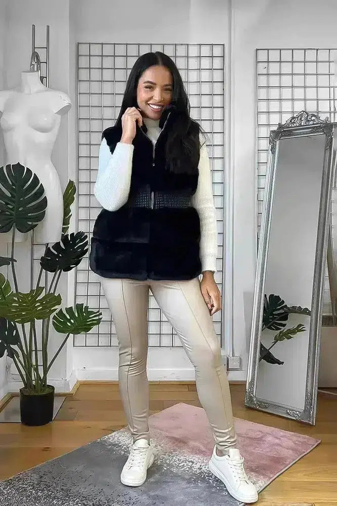 Shirred Waist Faux Fur High Neck Waistcoat-SinglePrice
