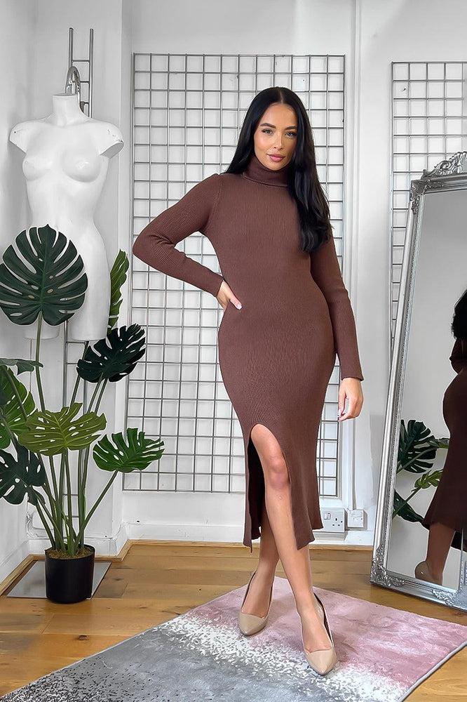 High Neck Leg Split Knitted Midi Dress-SinglePrice