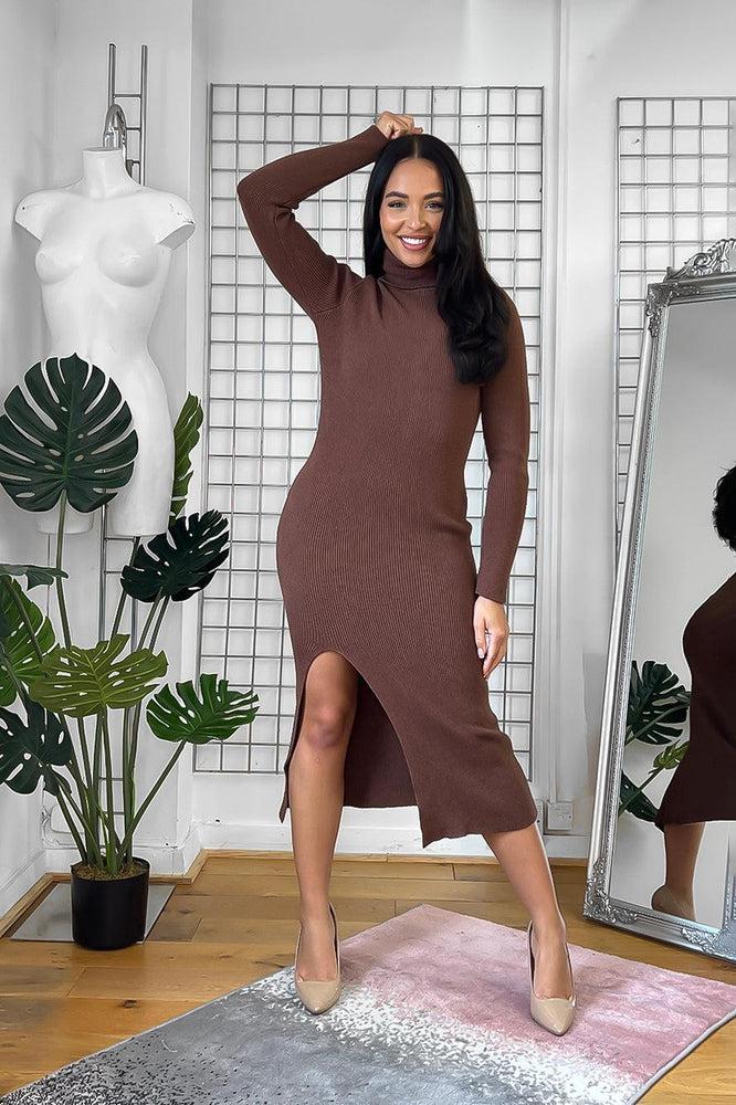 High Neck Leg Split Knitted Midi Dress-SinglePrice