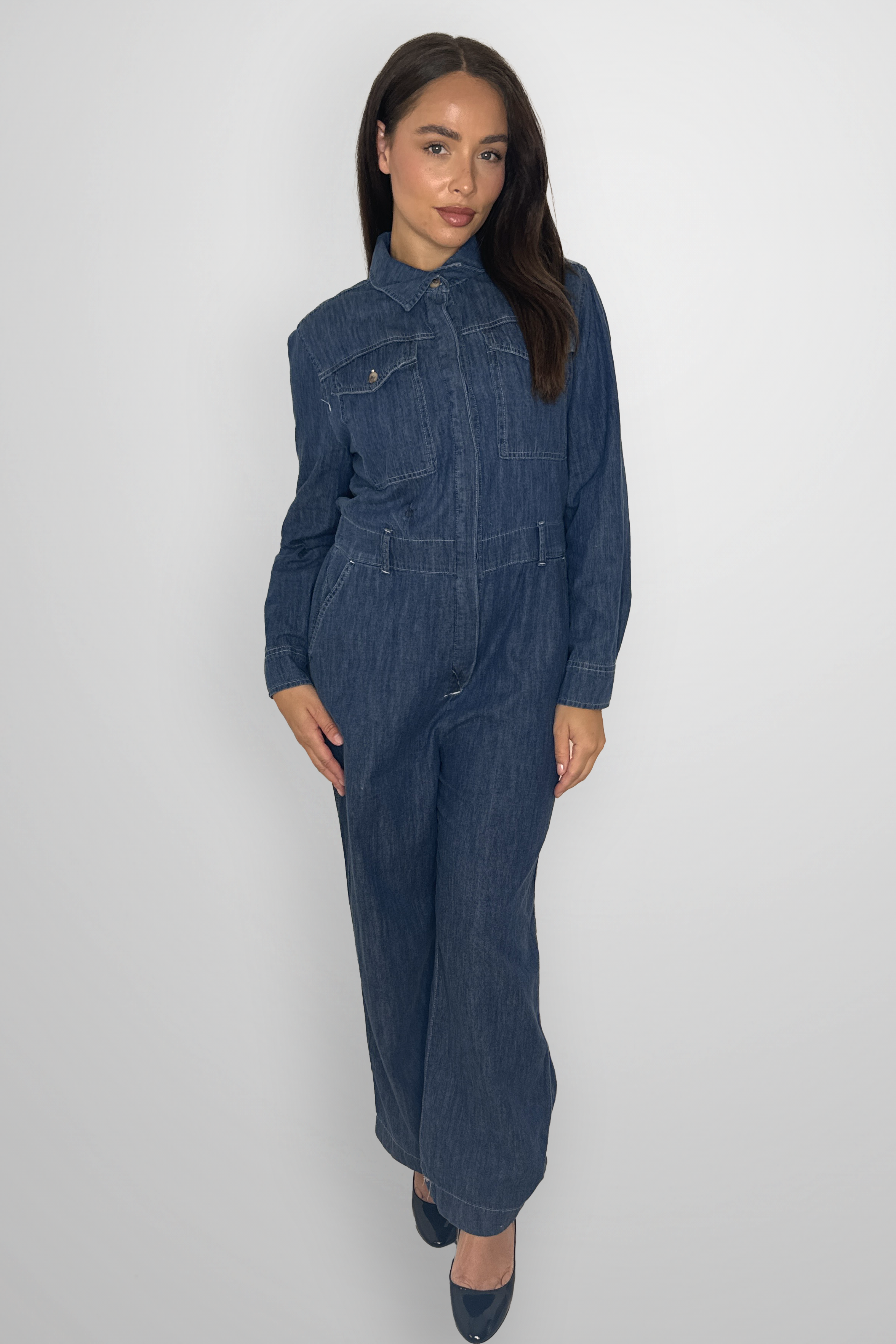 Long Sleeve Straight Leg Lightweight Denim Jumpsuit-SinglePrice