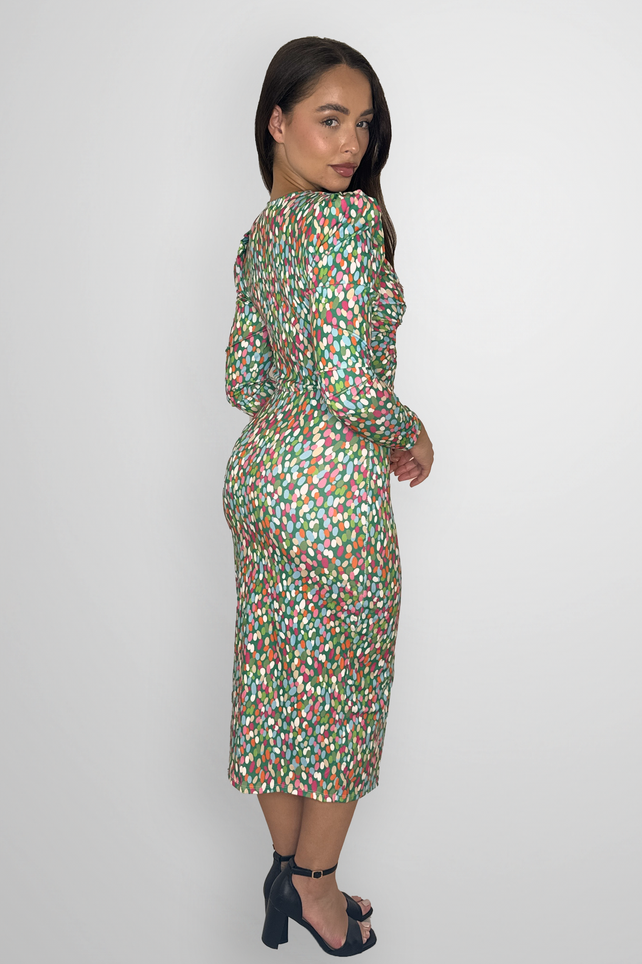 Wholesale Women's Watercolor Polkadot Long Puff Sleeve Ruched Midi Dress (PACK OF 6)