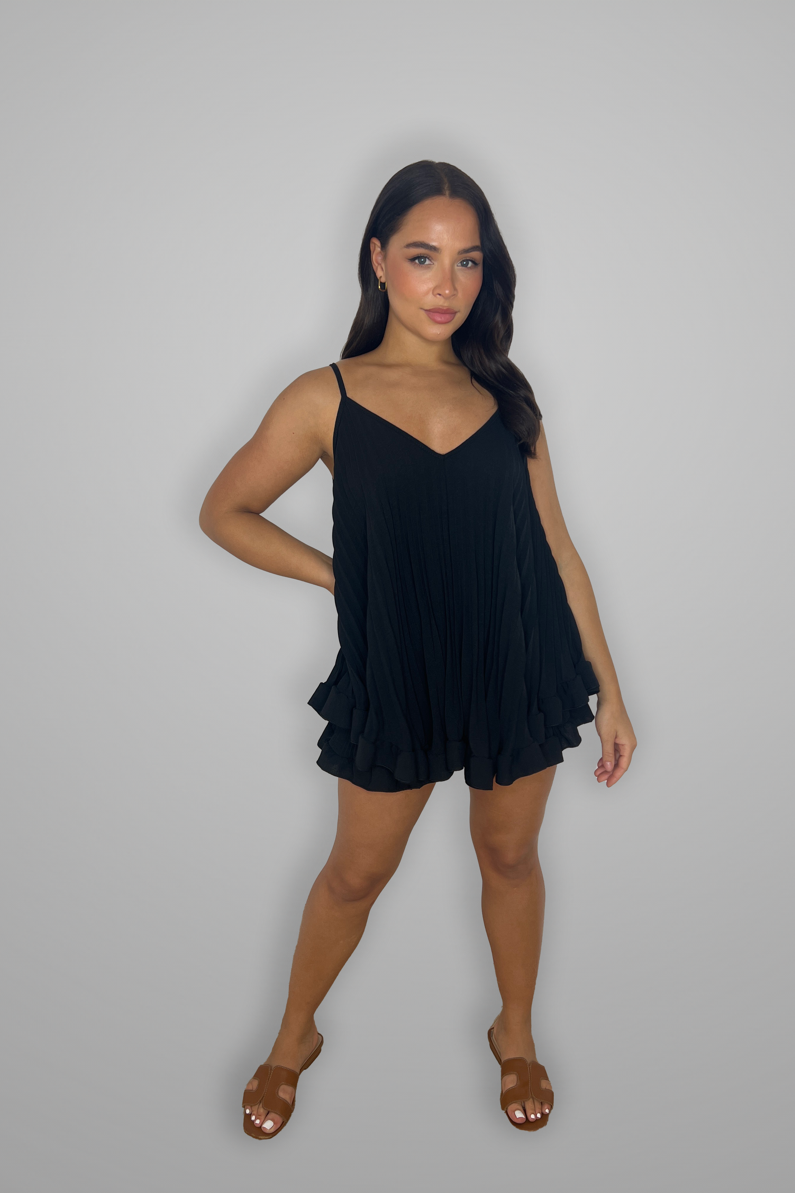 Frill Hem Plisse Chiffon Flowy Strappy Top And Shorts Set-SinglePrice