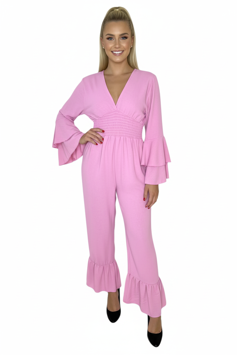 Low V-Cut Neck Bell Sleeve Cinched Waist Frill Wide Leg Petite Jumpsuit-SinglePrice