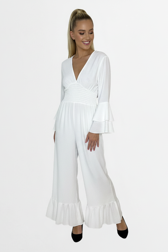 Low V-Cut Neck Bell Sleeve Cinched Waist Frill Wide Leg Petite Jumpsuit-SinglePrice