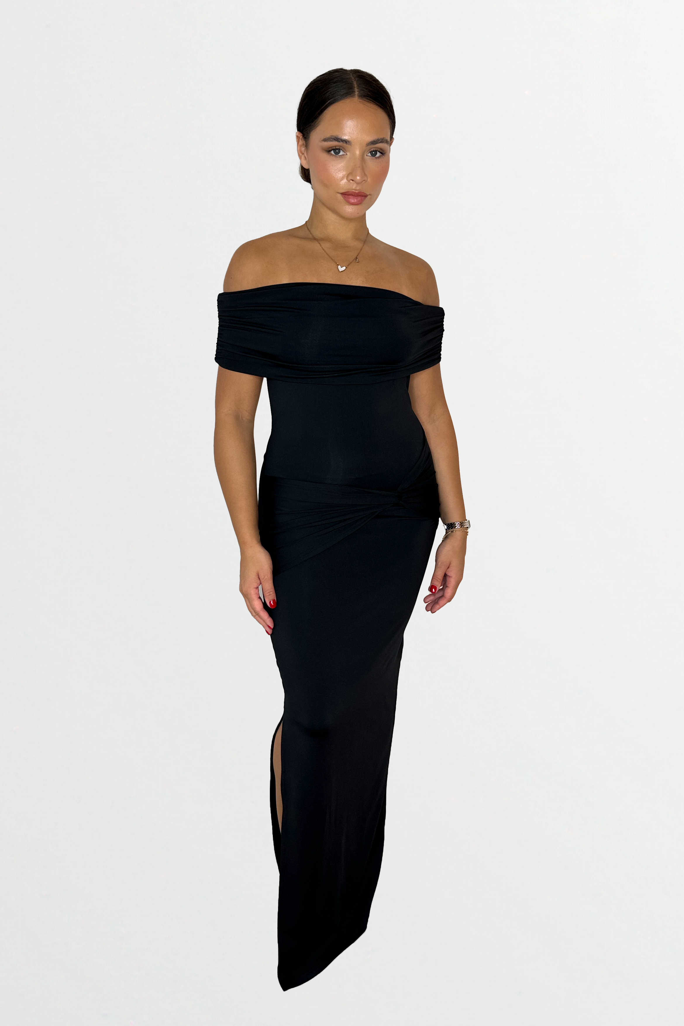 Stretchy Ruched Off The Shoulder Side Slit Slinky Maxi Dress-SinglePrice