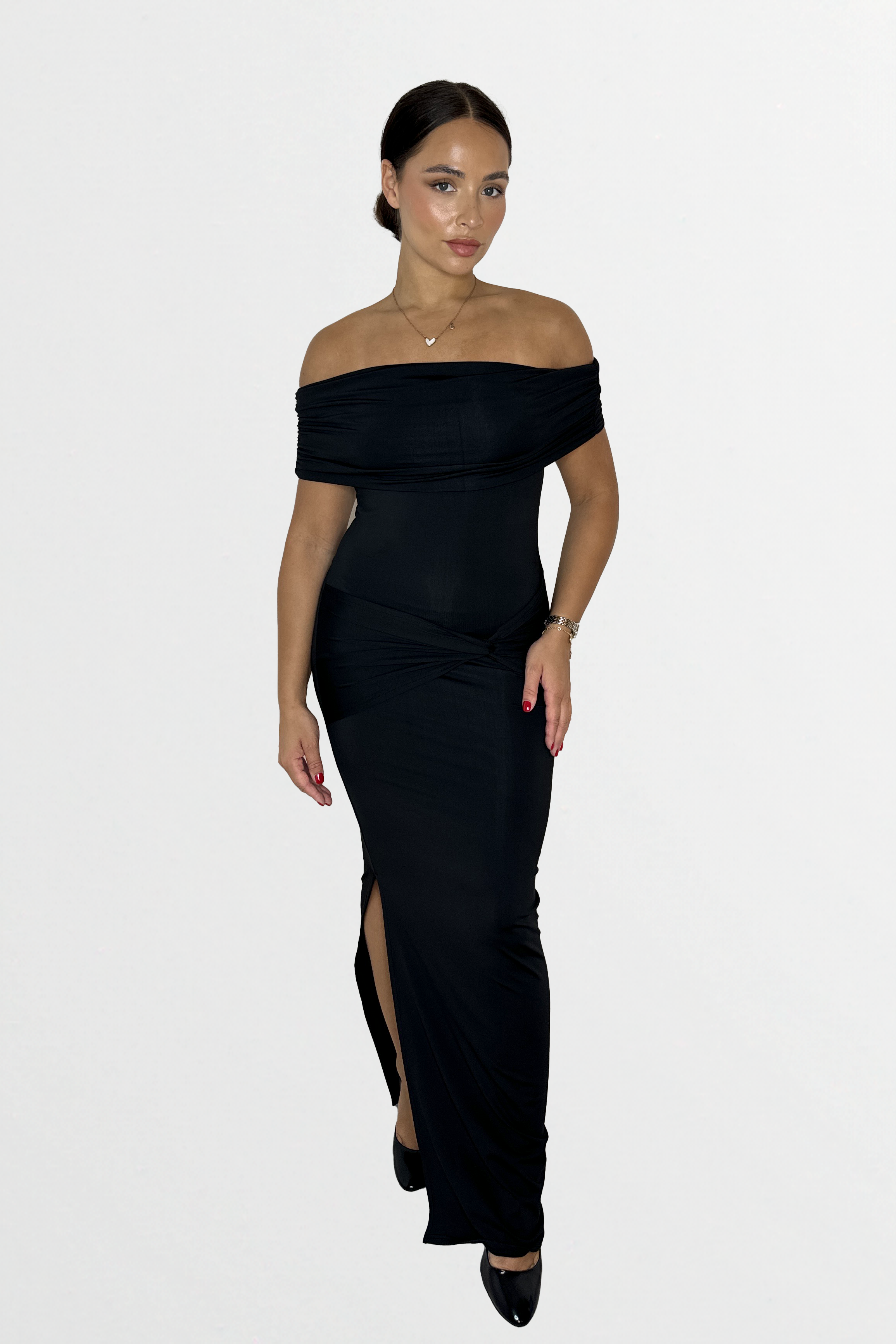Stretchy Ruched Off The Shoulder Side Slit Slinky Maxi Dress-SinglePrice