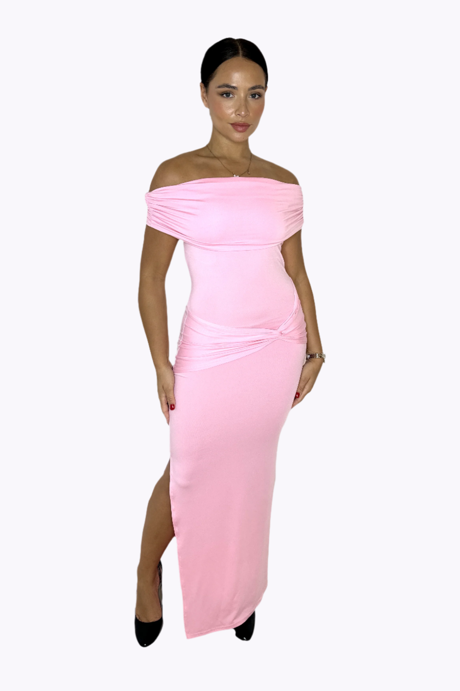 Stretchy Ruched Off The Shoulder Side Slit Slinky Maxi Dress-SinglePrice