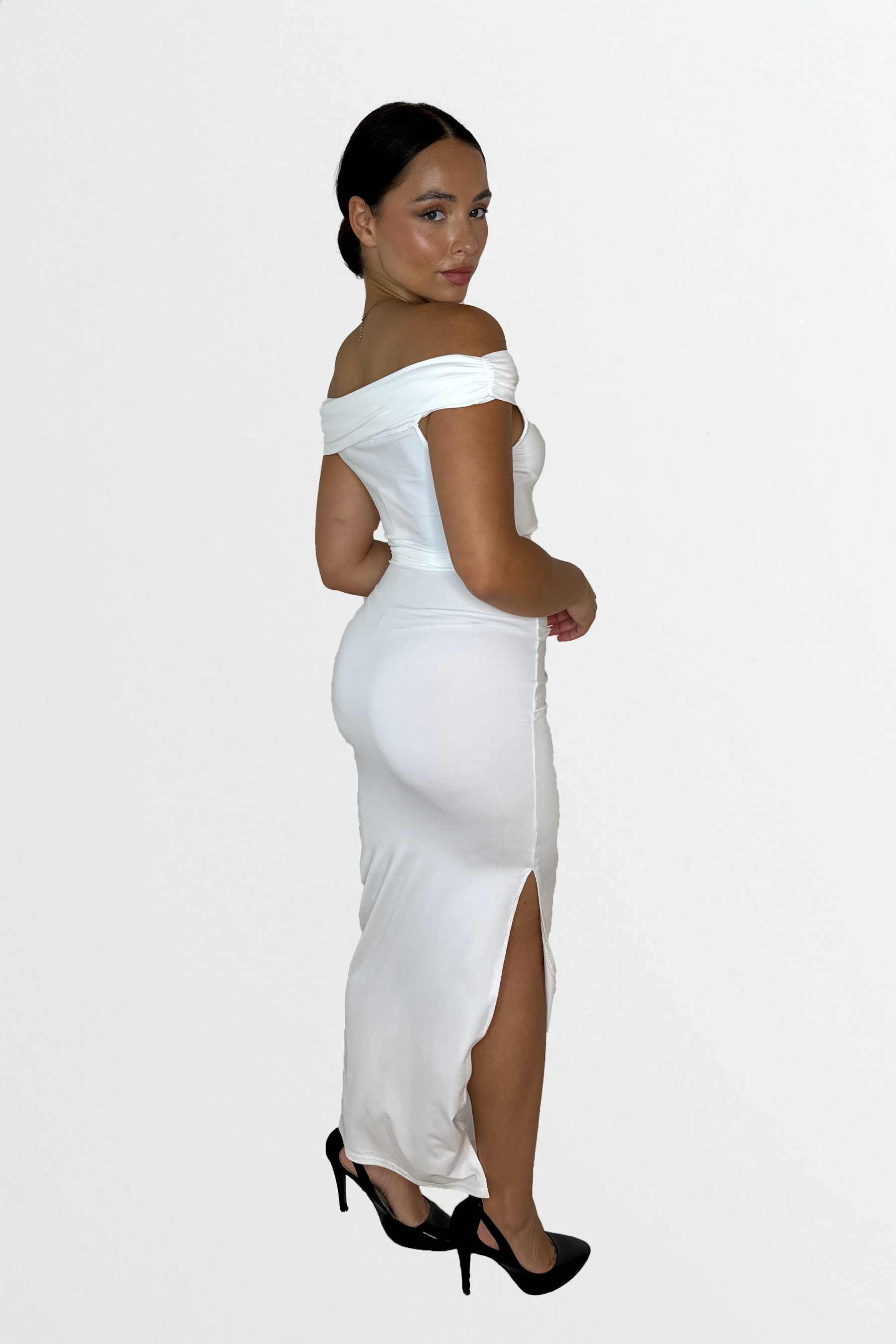 Stretchy Ruched Off The Shoulder Side Slit Slinky Maxi Dress-SinglePrice