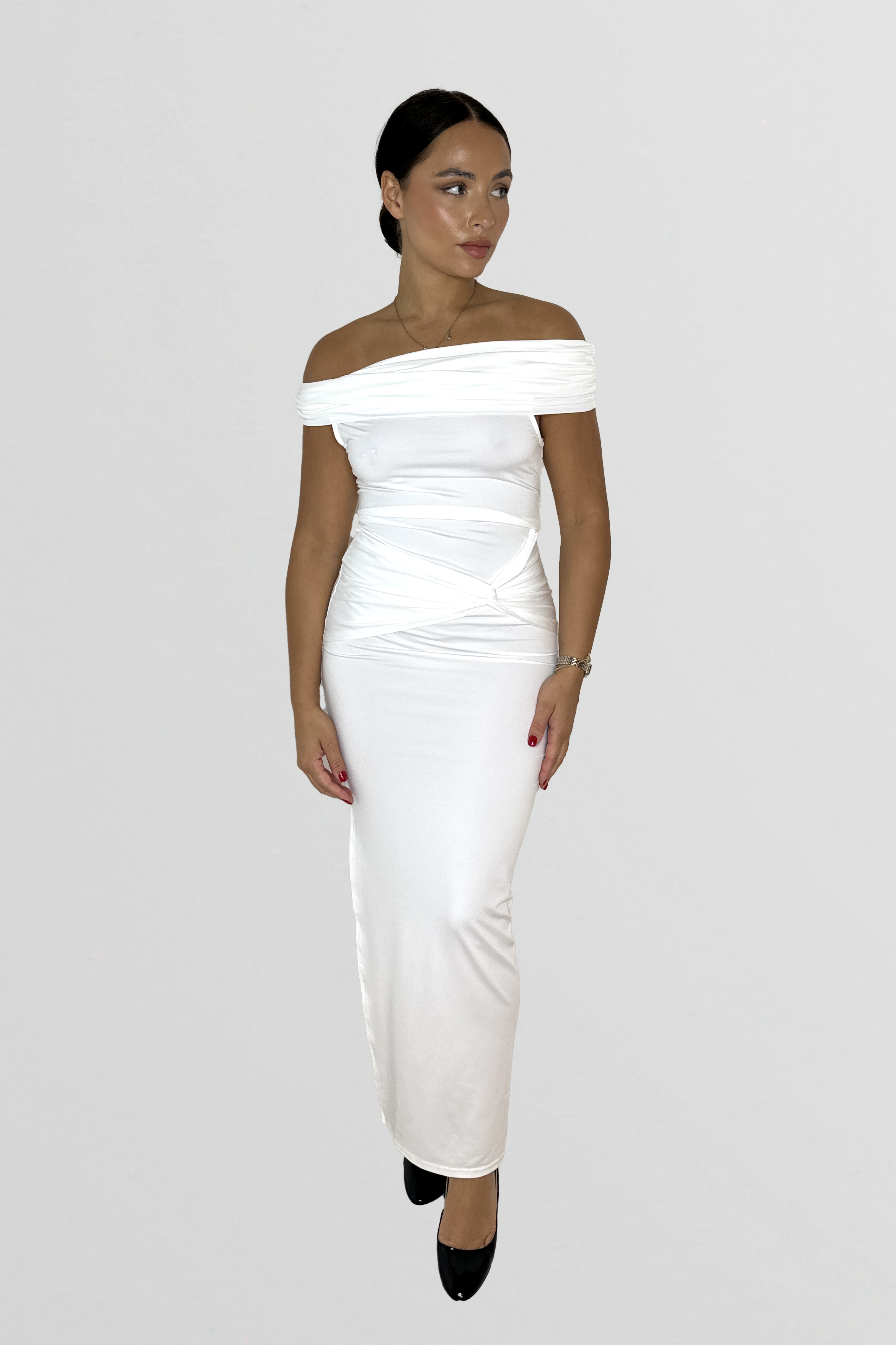 Stretchy Ruched Off The Shoulder Side Slit Slinky Maxi Dress-SinglePrice