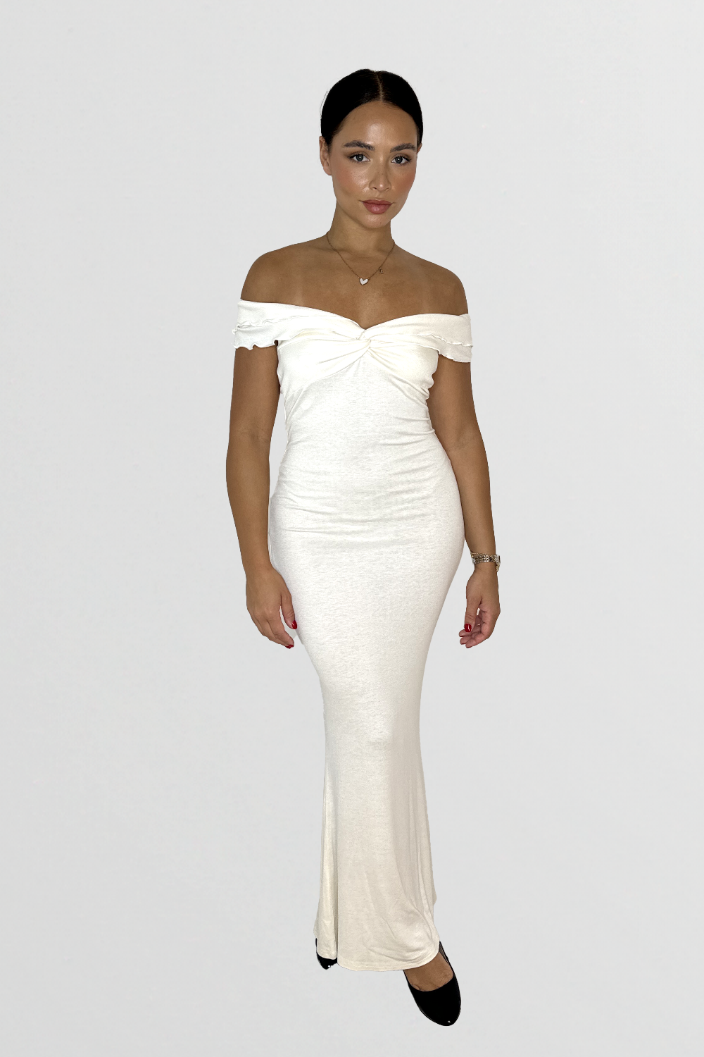 Sleeveless Frill Hem Stretchy Jersey Fabric Milkmaid Floor Length Dress-SinglePrice